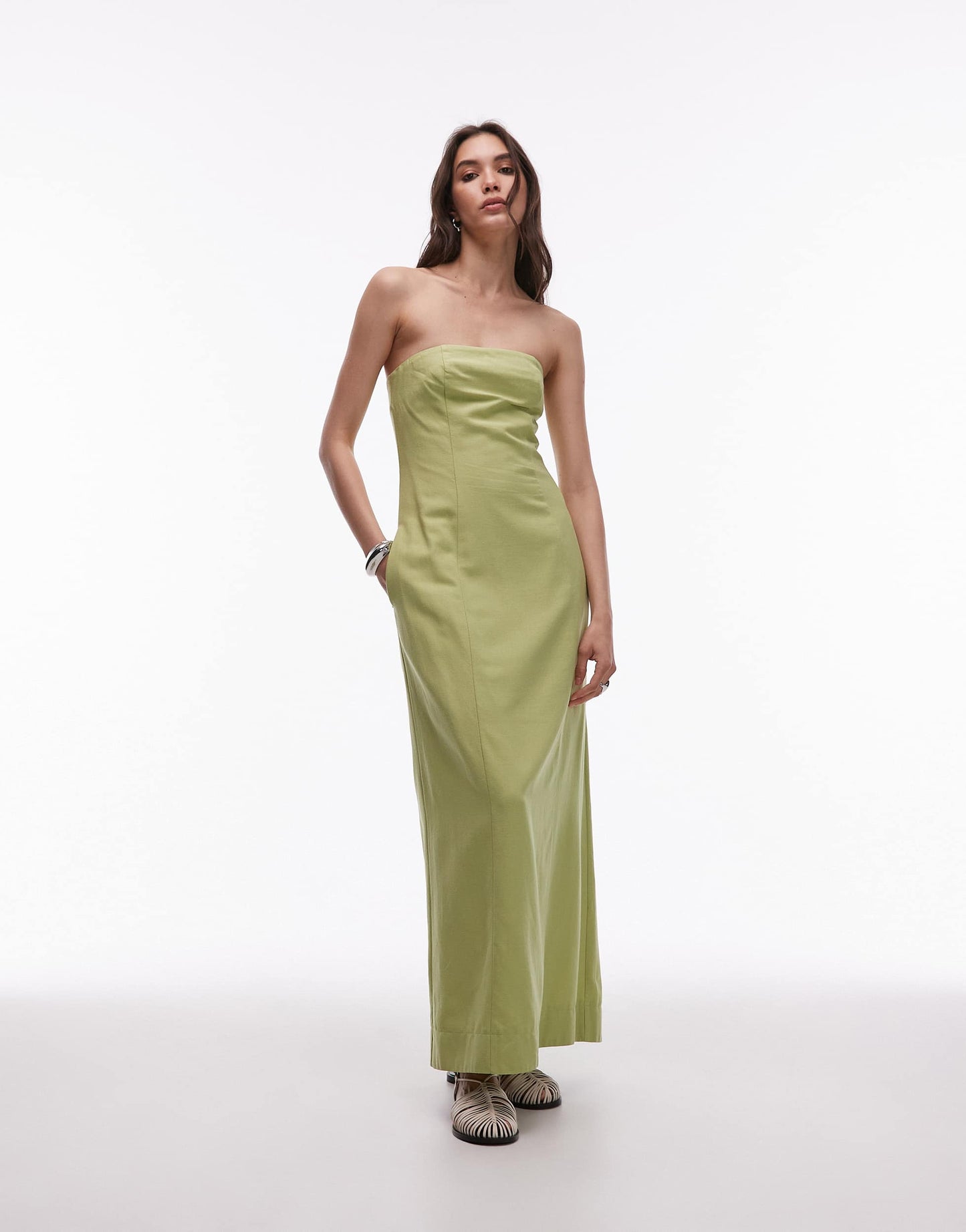 Topshop linen heavy seamed bandeau midi in Pistachio green