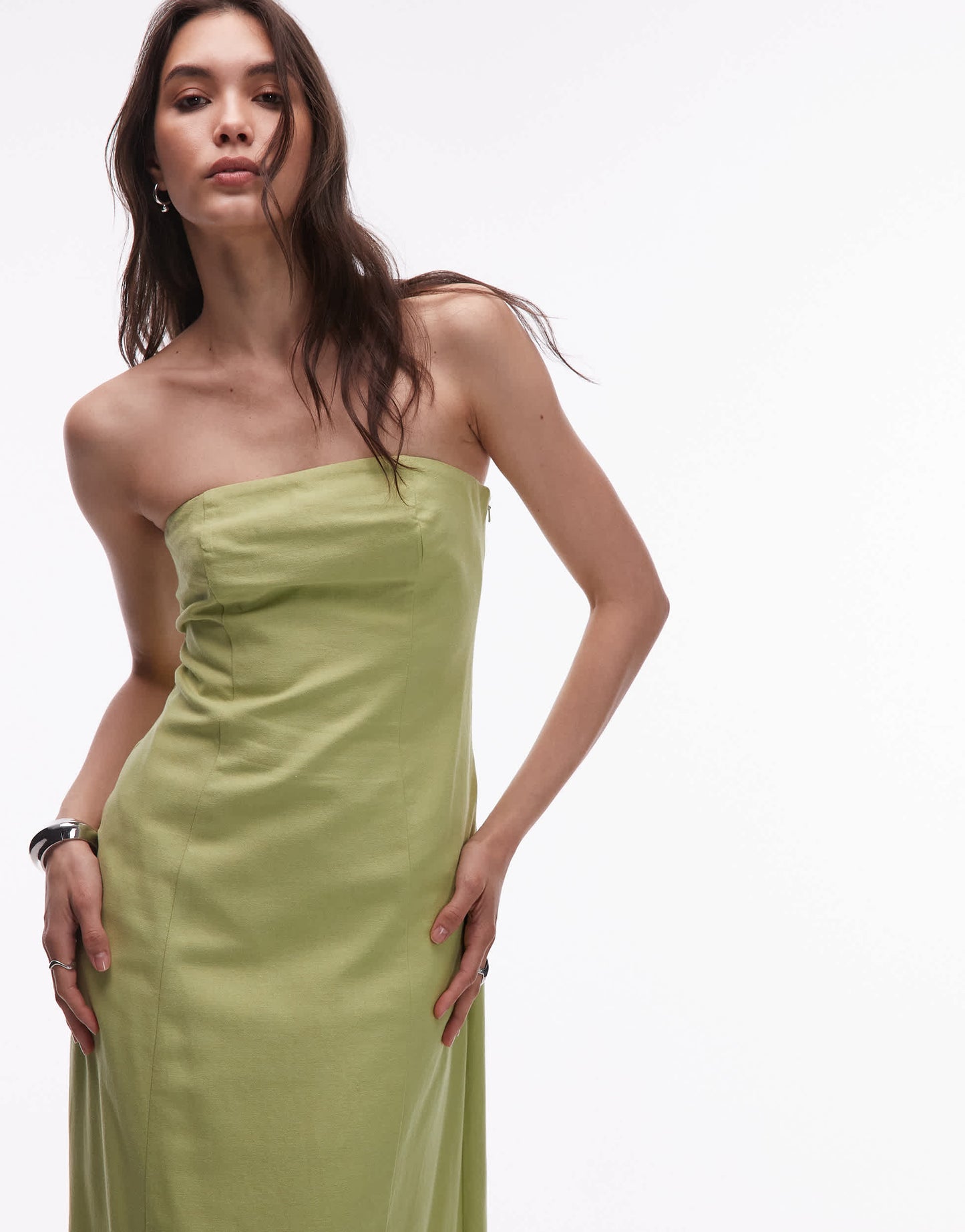 Topshop linen heavy seamed bandeau midi in Pistachio green