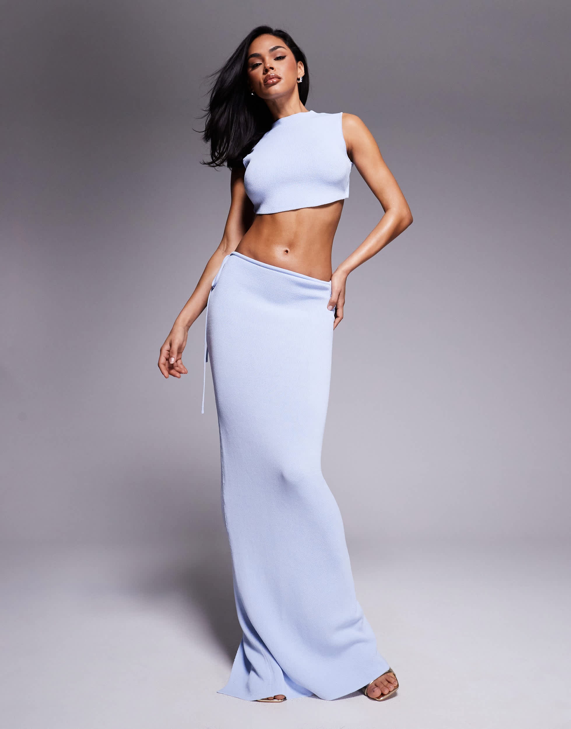 Wanderdoll Sienna fine knit maxi skirt co-ord in baby blue