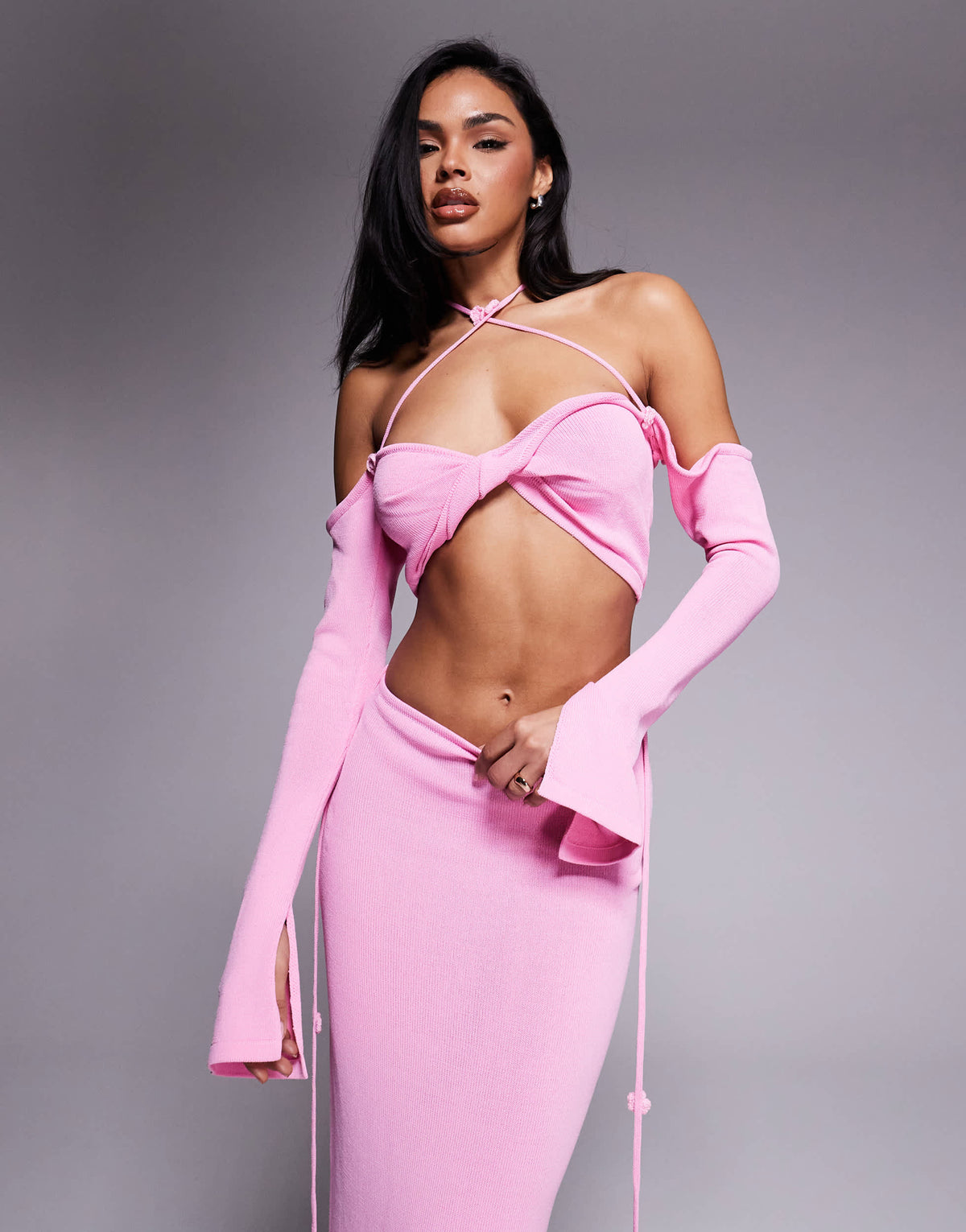 Wanderdoll Ophelia knitted cropped twist front halterneck top co-ord in baby pink