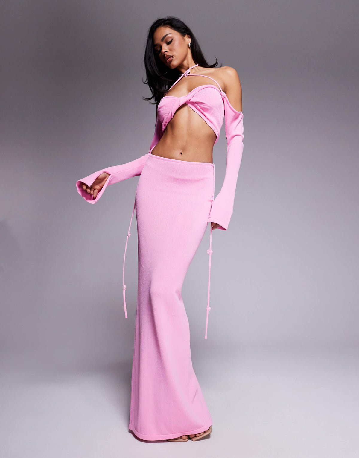 Wanderdoll Ophelia knitted cropped twist front halterneck top co-ord in baby pink