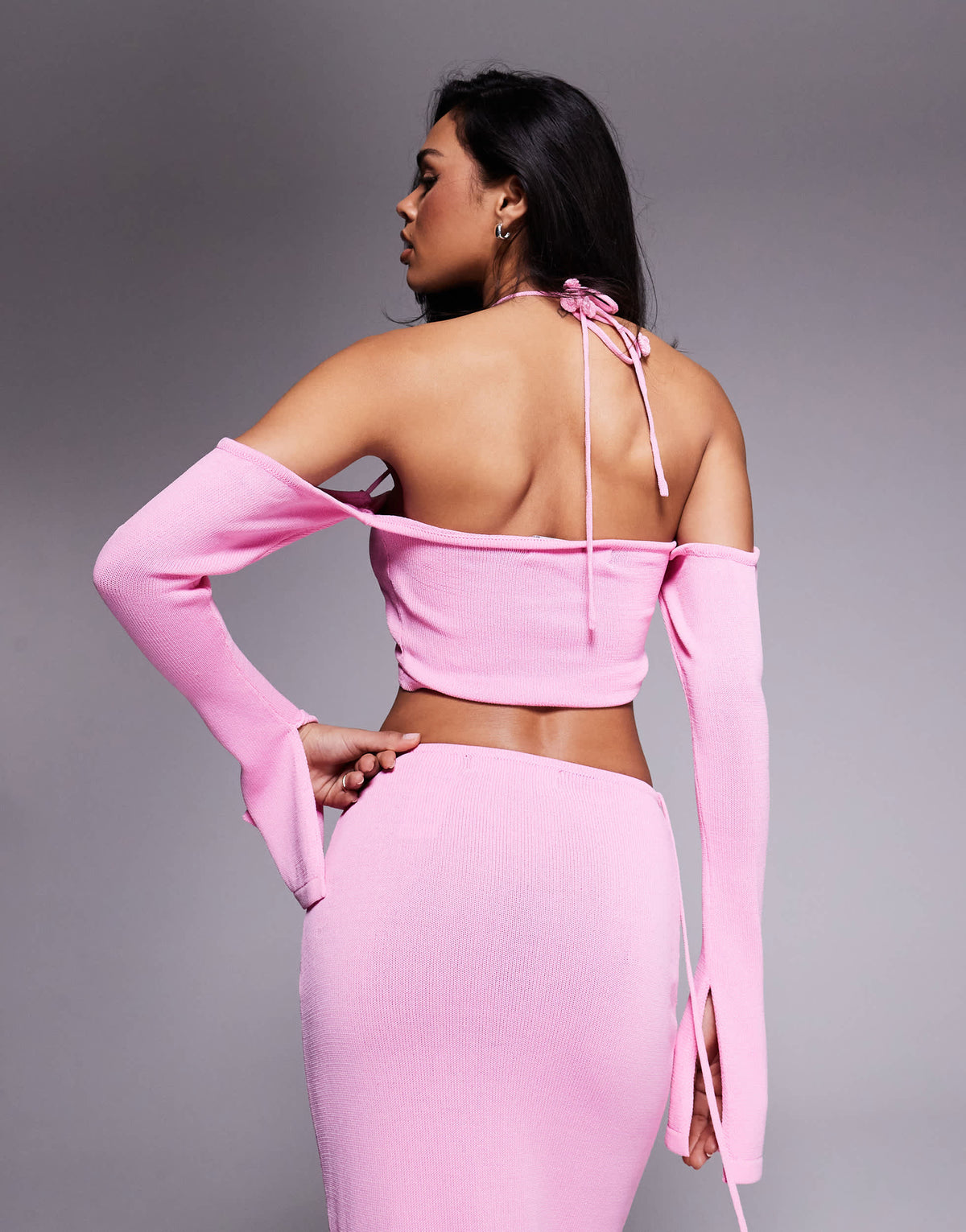 Wanderdoll Ophelia knitted cropped twist front halterneck top co-ord in baby pink