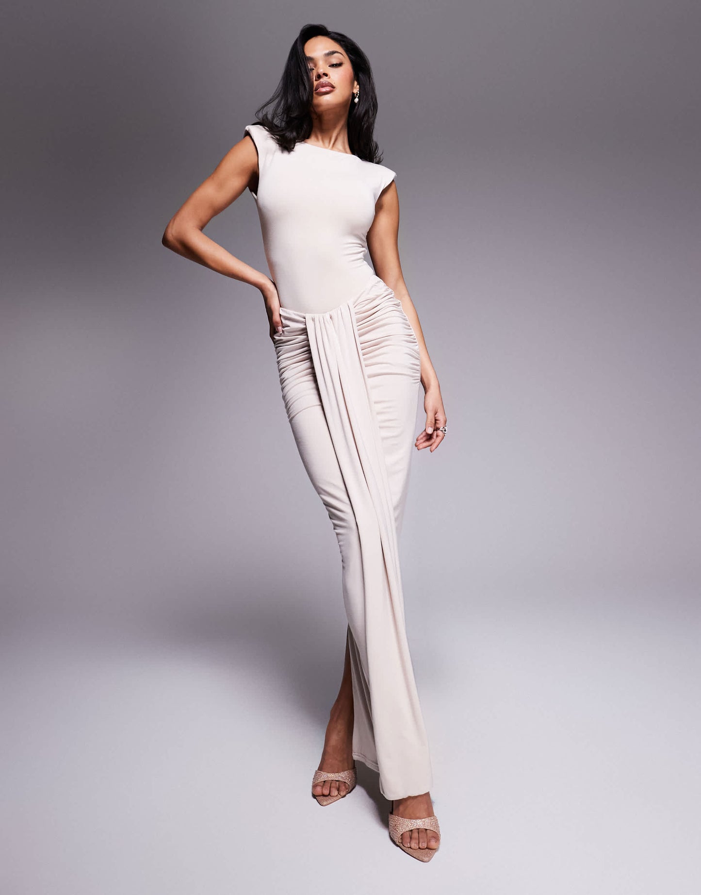 Wanderdoll Nara sculpting second skin drape front maxi skirt co-ord in cream