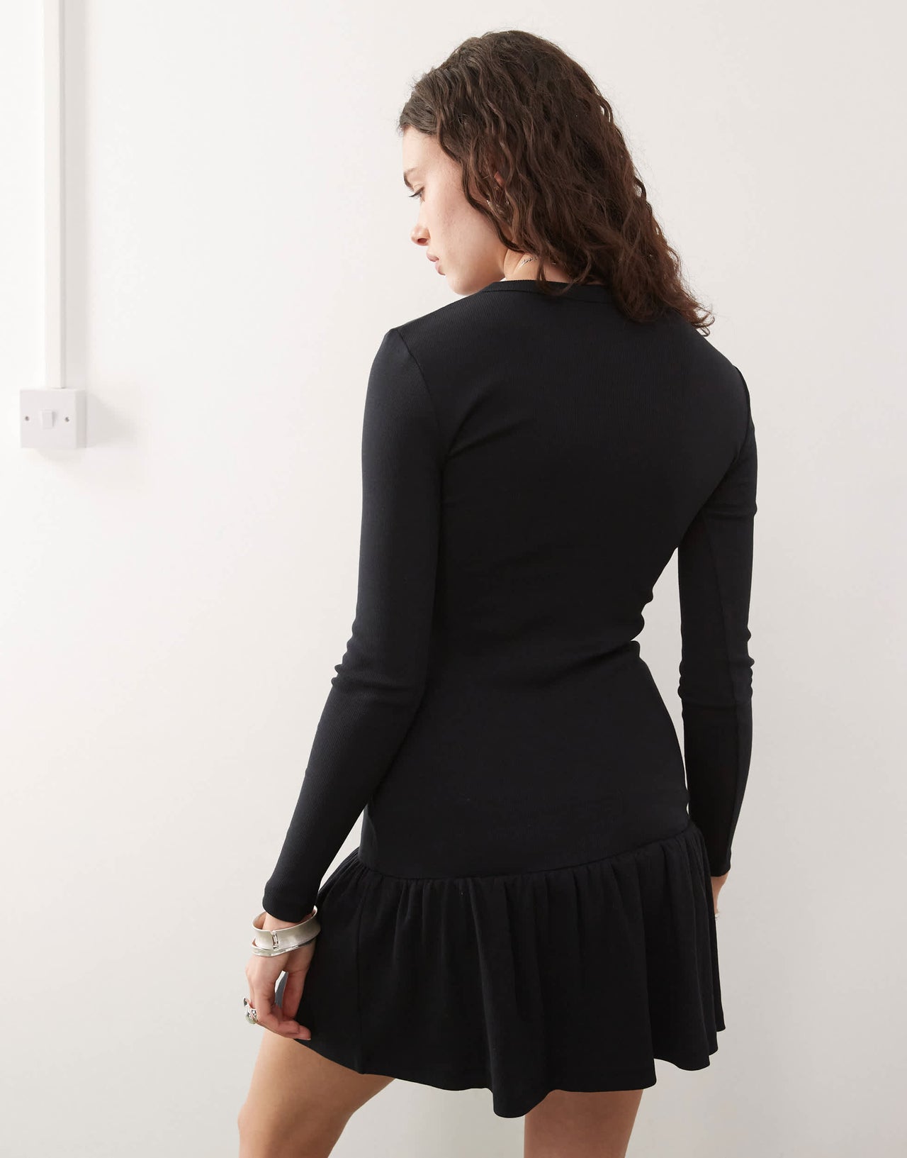COLLUSION dropped waist henley rib mini dress in black