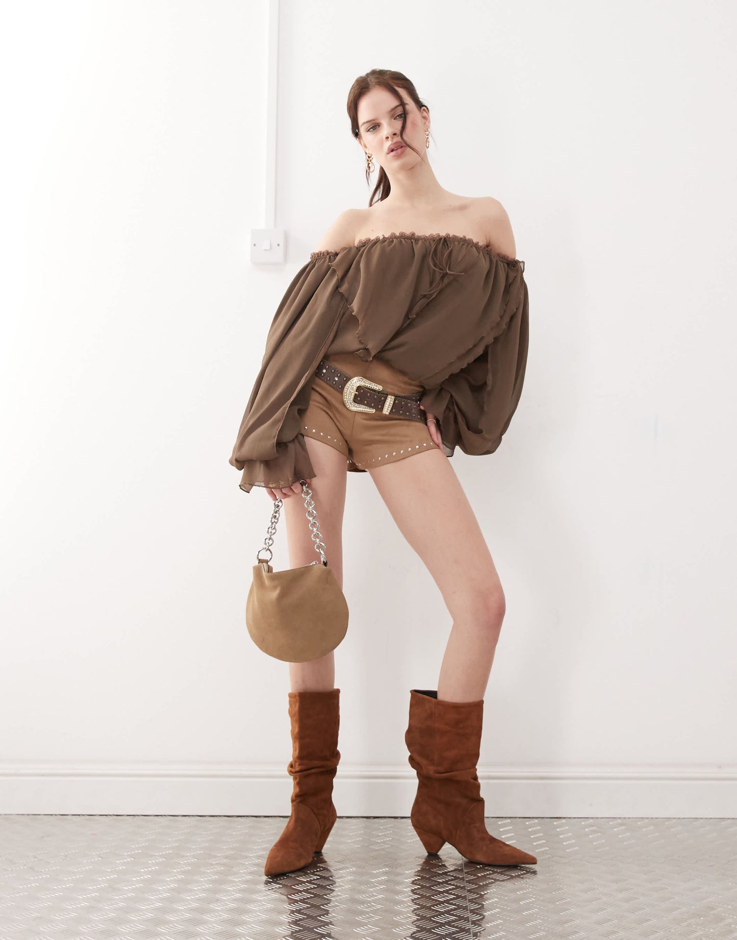 The Kript boho off shoulder ruffle top in brown