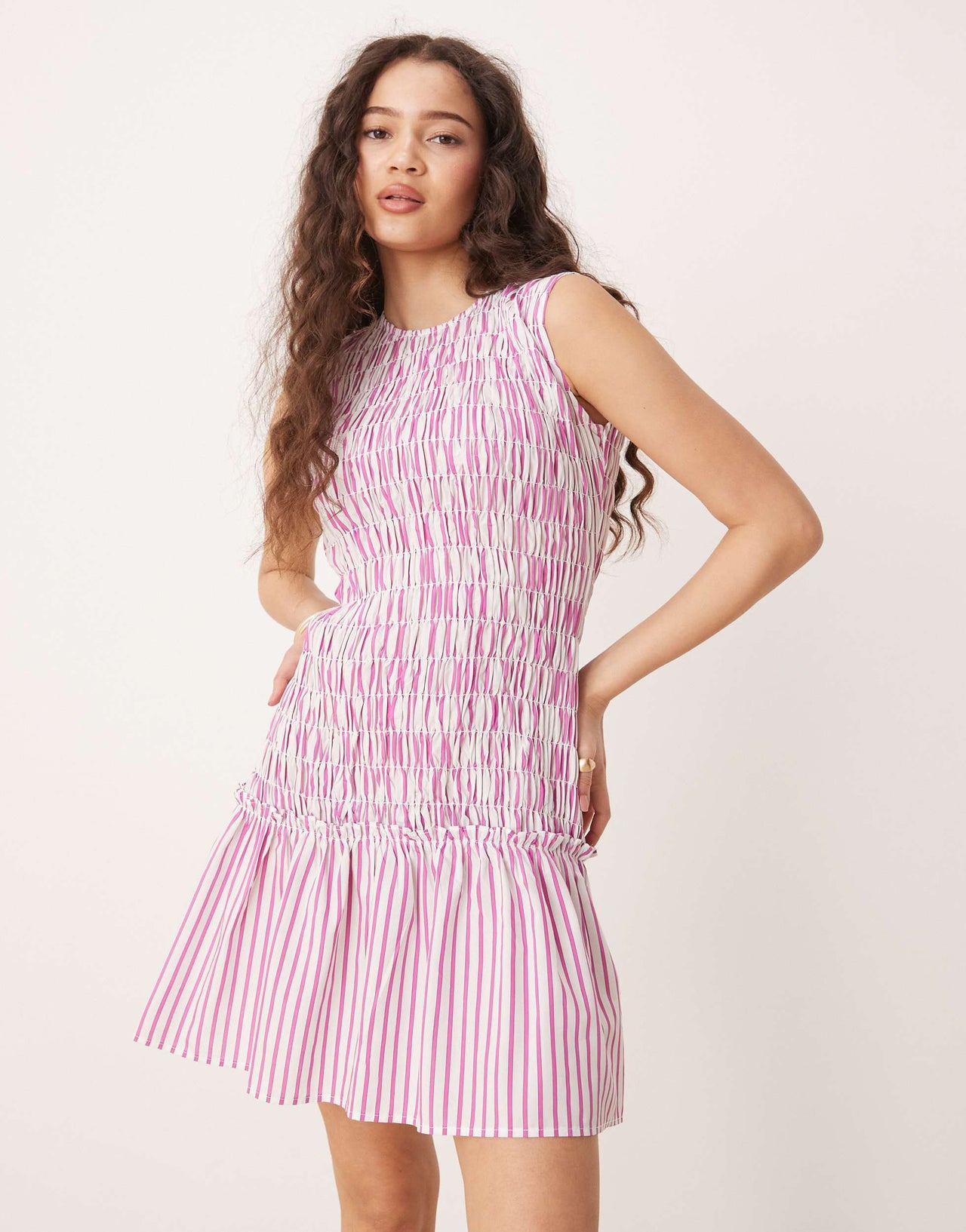 Glamorous shirred drop waist mini dress in pink stripe