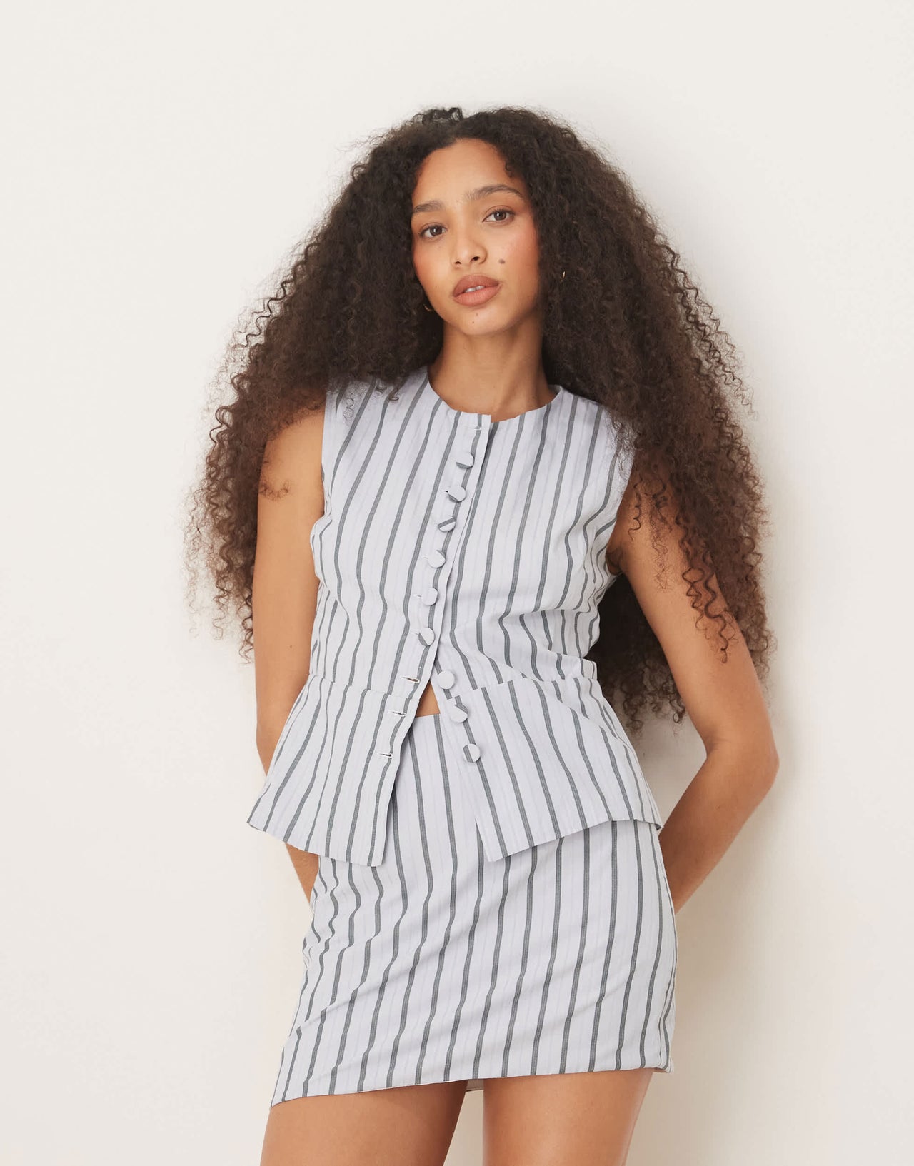 Glamorous button down vest in white charcoal stripe co-ord