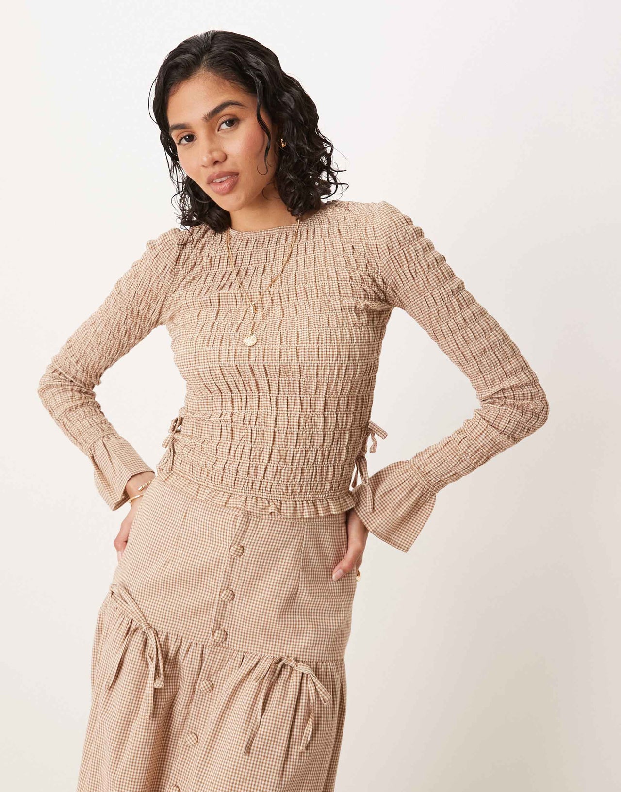Glamorous long sleeve shirred top with tie sides in light brown check co-ord