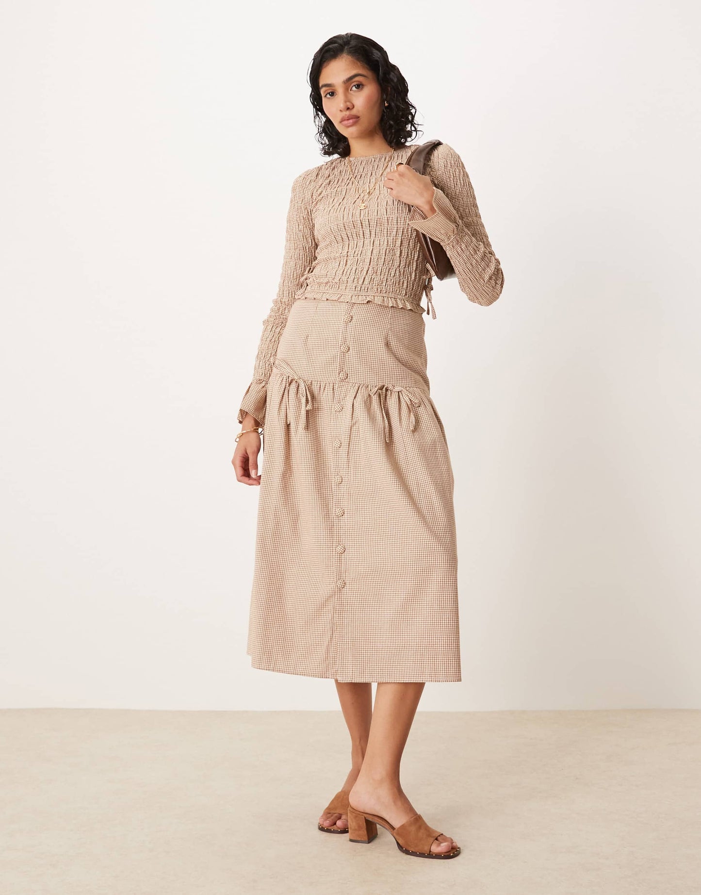 Glamorous long sleeve shirred top with tie sides in light brown check co-ord