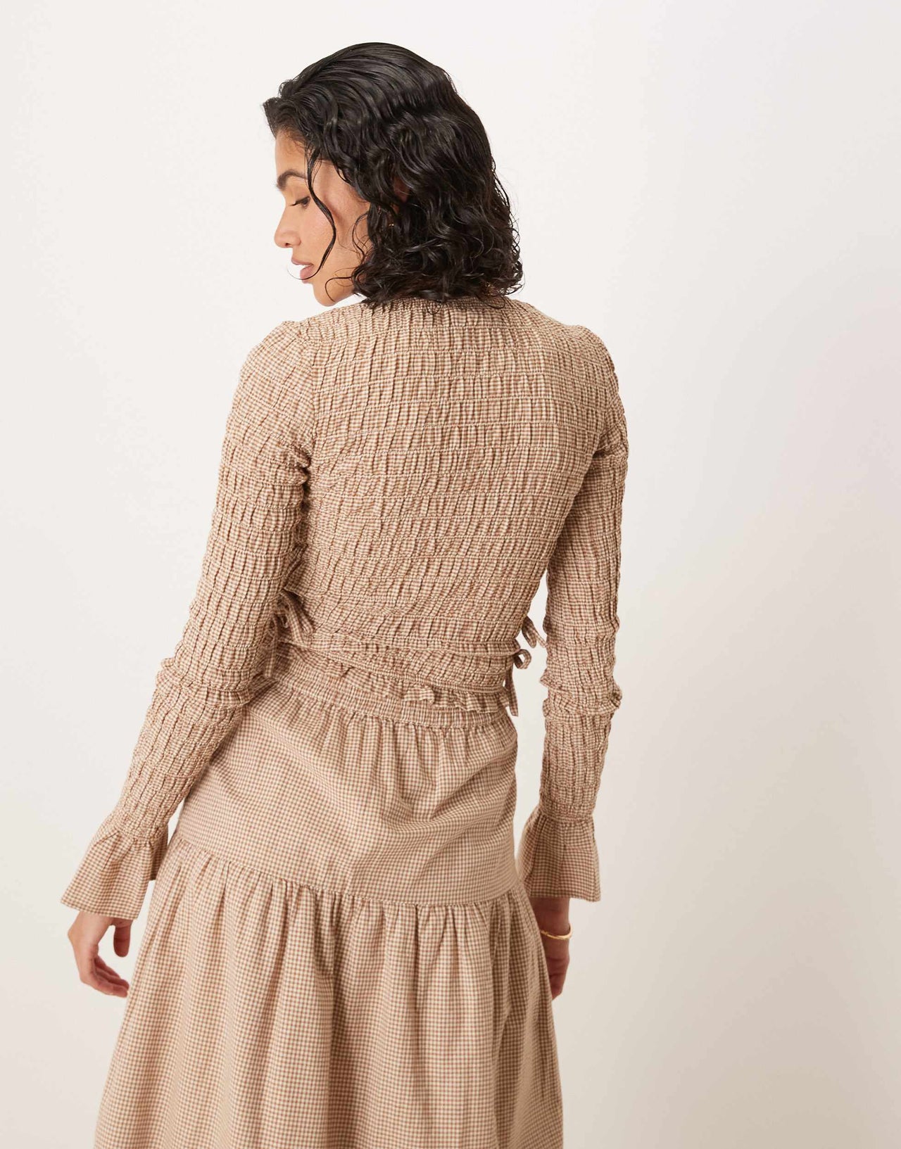 Glamorous long sleeve shirred top with tie sides in light brown check co-ord