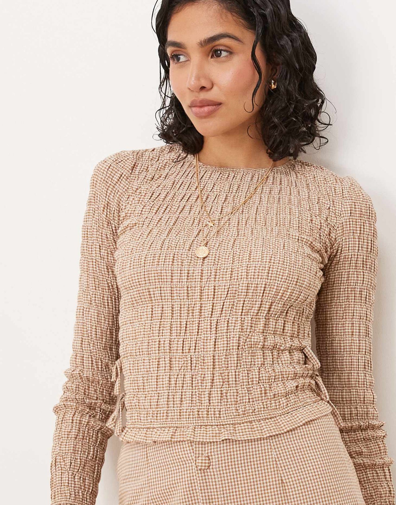 Glamorous long sleeve shirred top with tie sides in light brown check co-ord