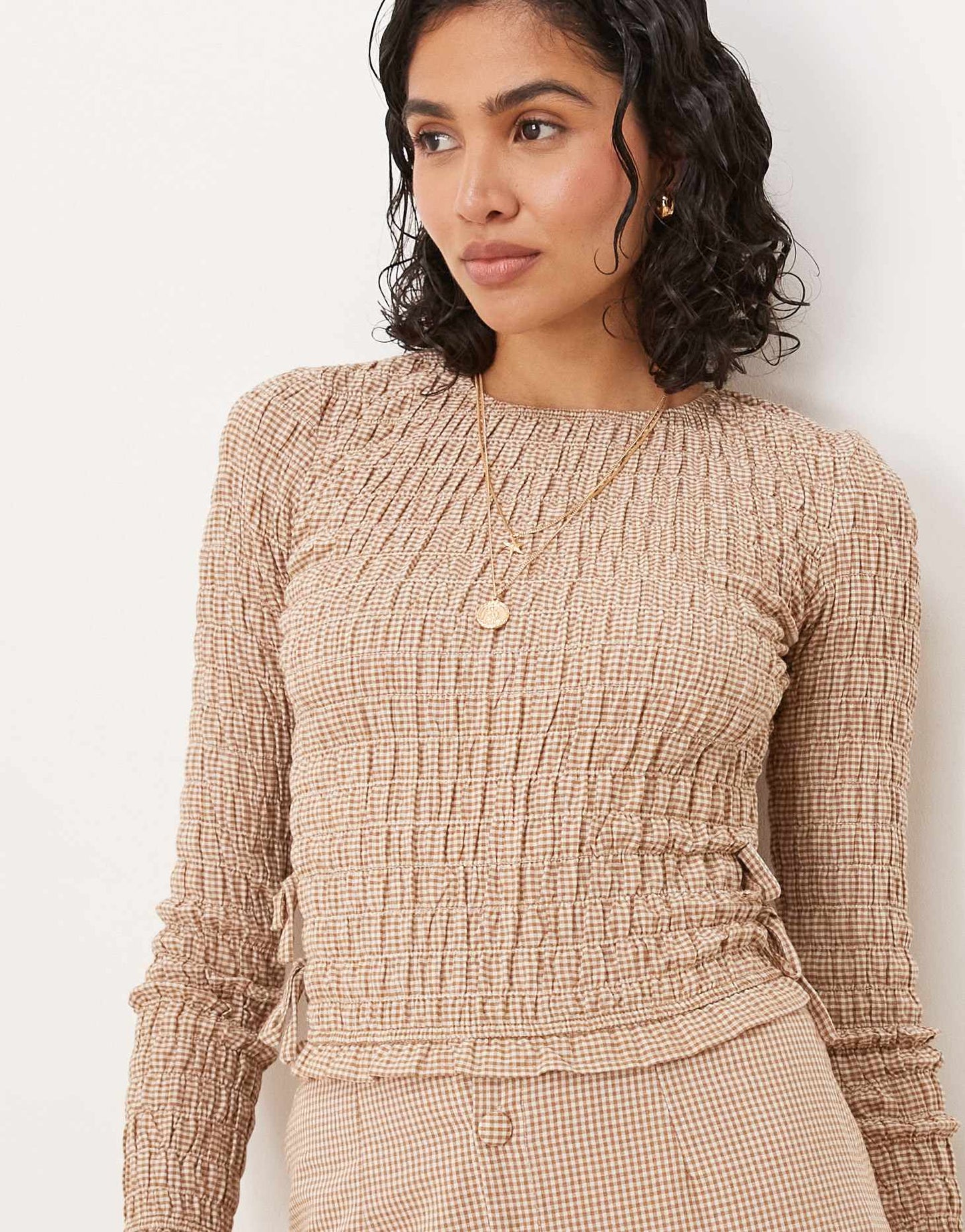 Glamorous long sleeve shirred top with tie sides in light brown check co-ord