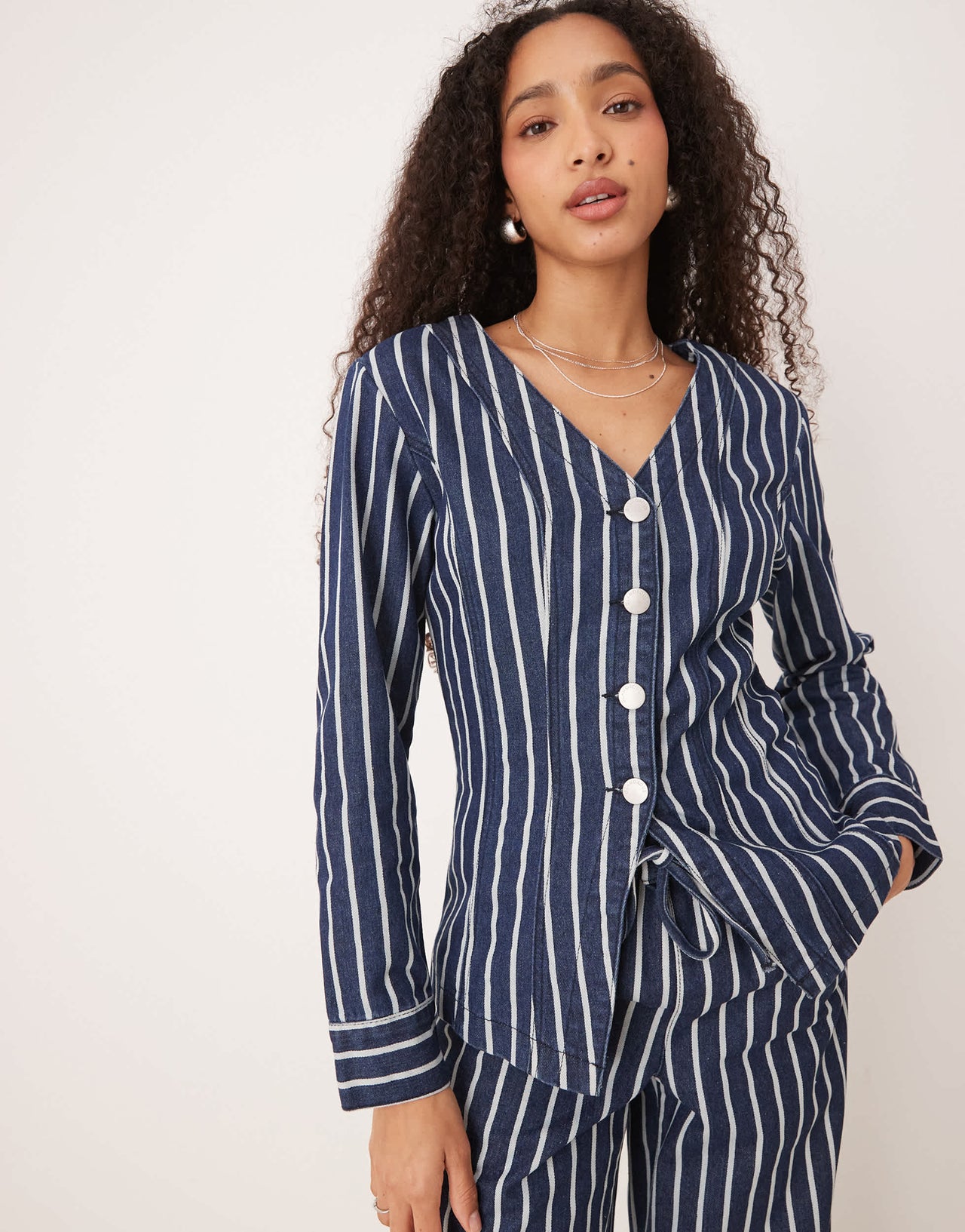 Glamorous v neck long sleeve blouse in blue denim stripe