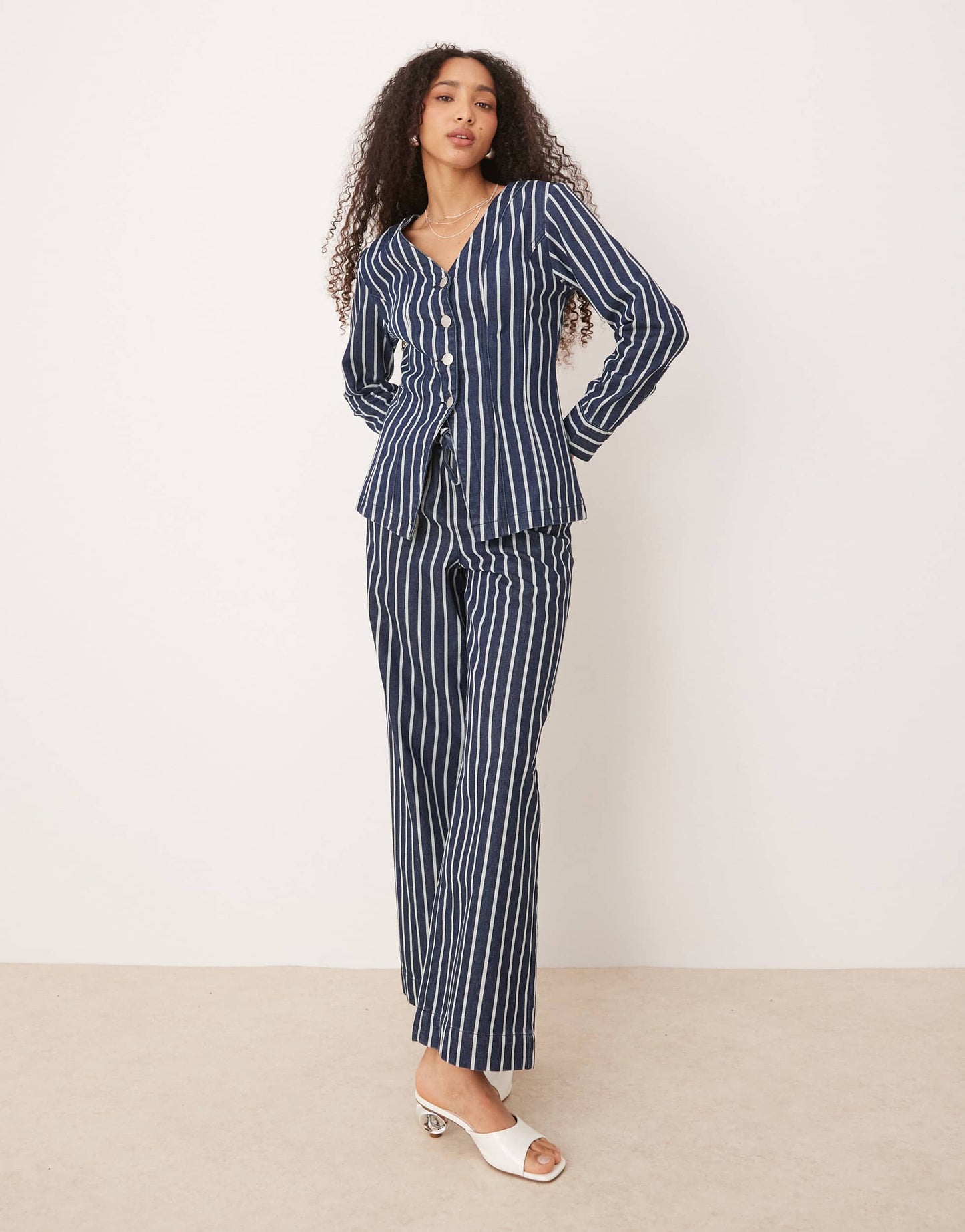 Glamorous v neck long sleeve blouse in blue denim stripe