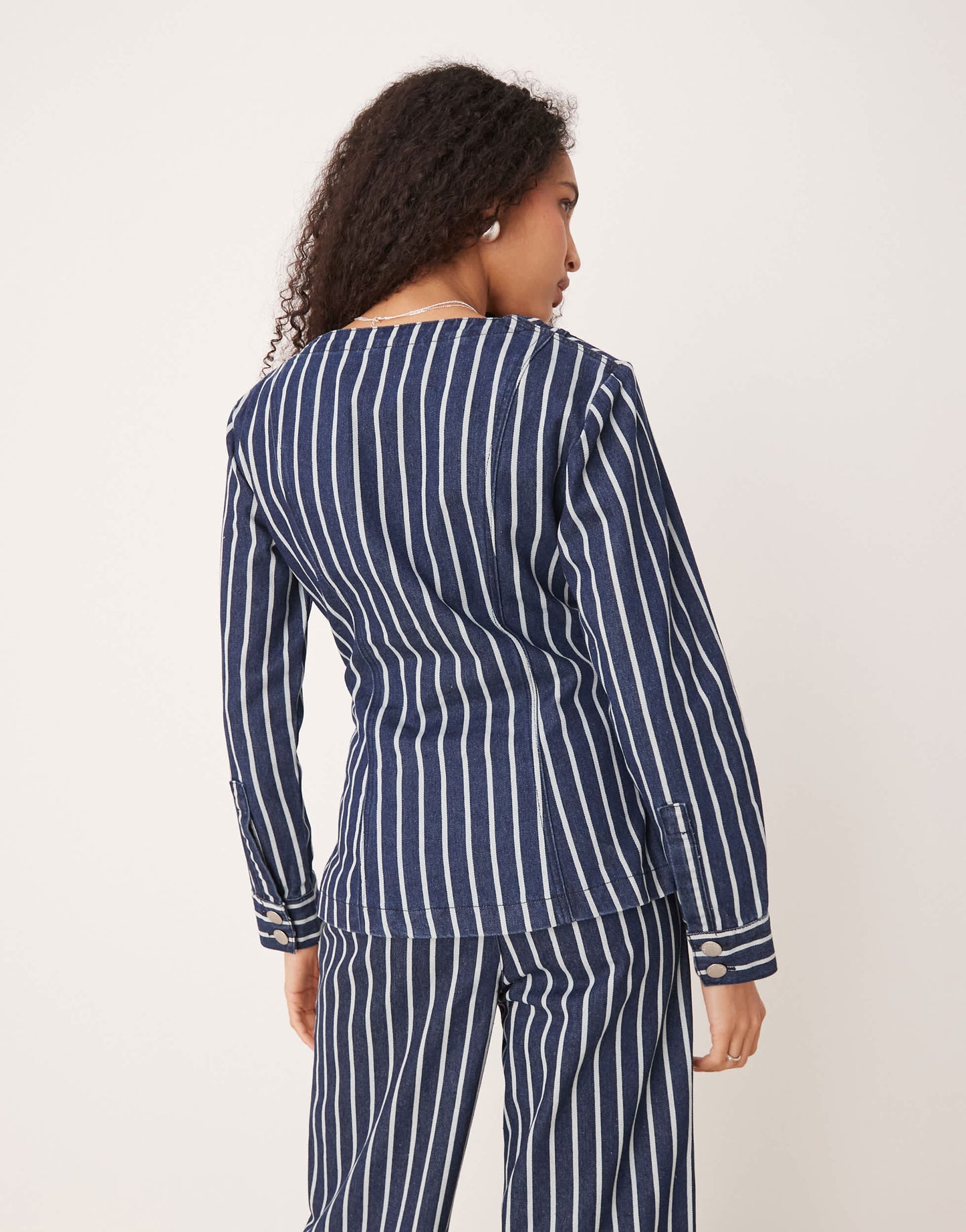 Glamorous v neck long sleeve blouse in blue denim stripe