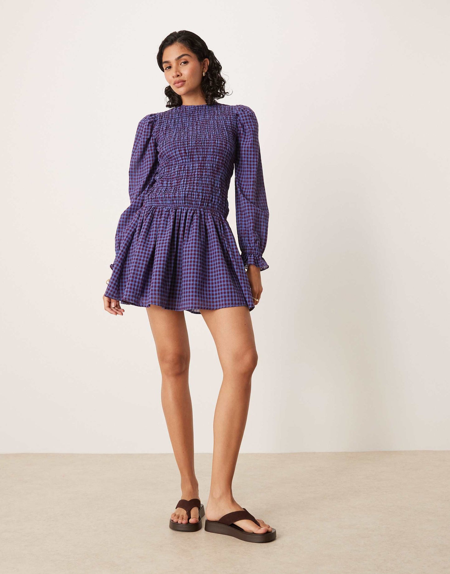 Glamorous long sleeve poplin mini dress in navy burgundy check