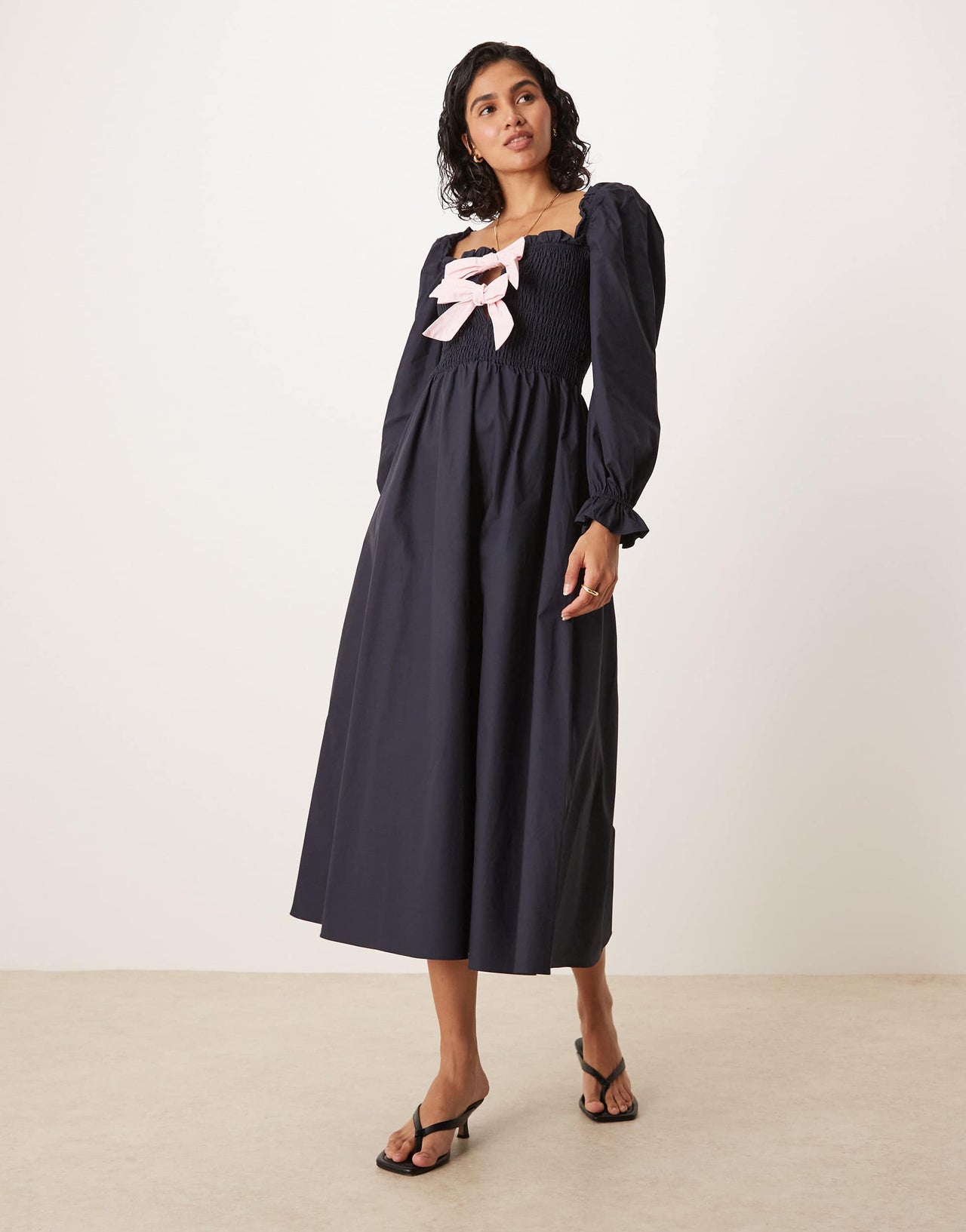 Glamorous puff sleeve midi dress with bow tie front in navy