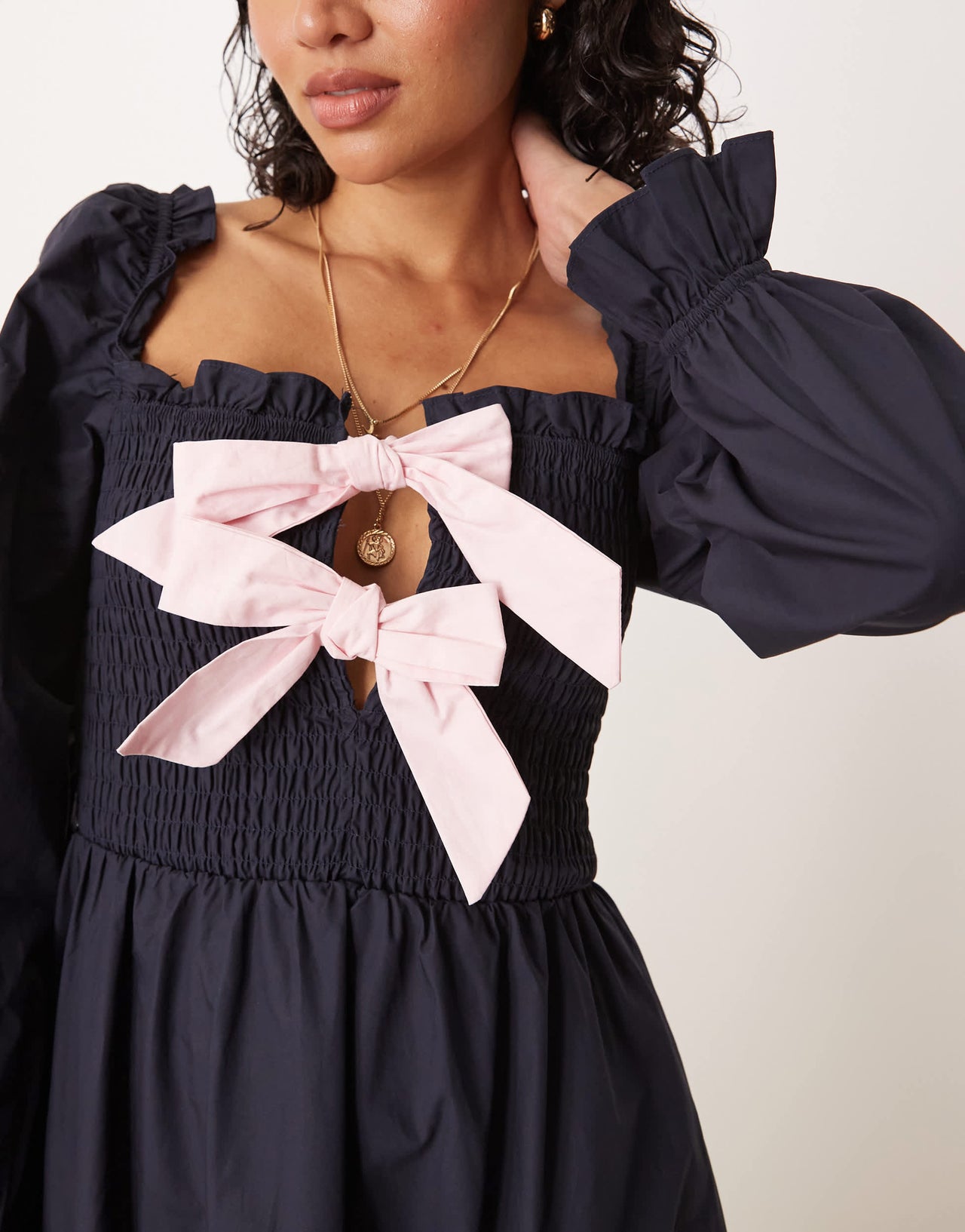 Glamorous puff sleeve midi dress with bow tie front in navy