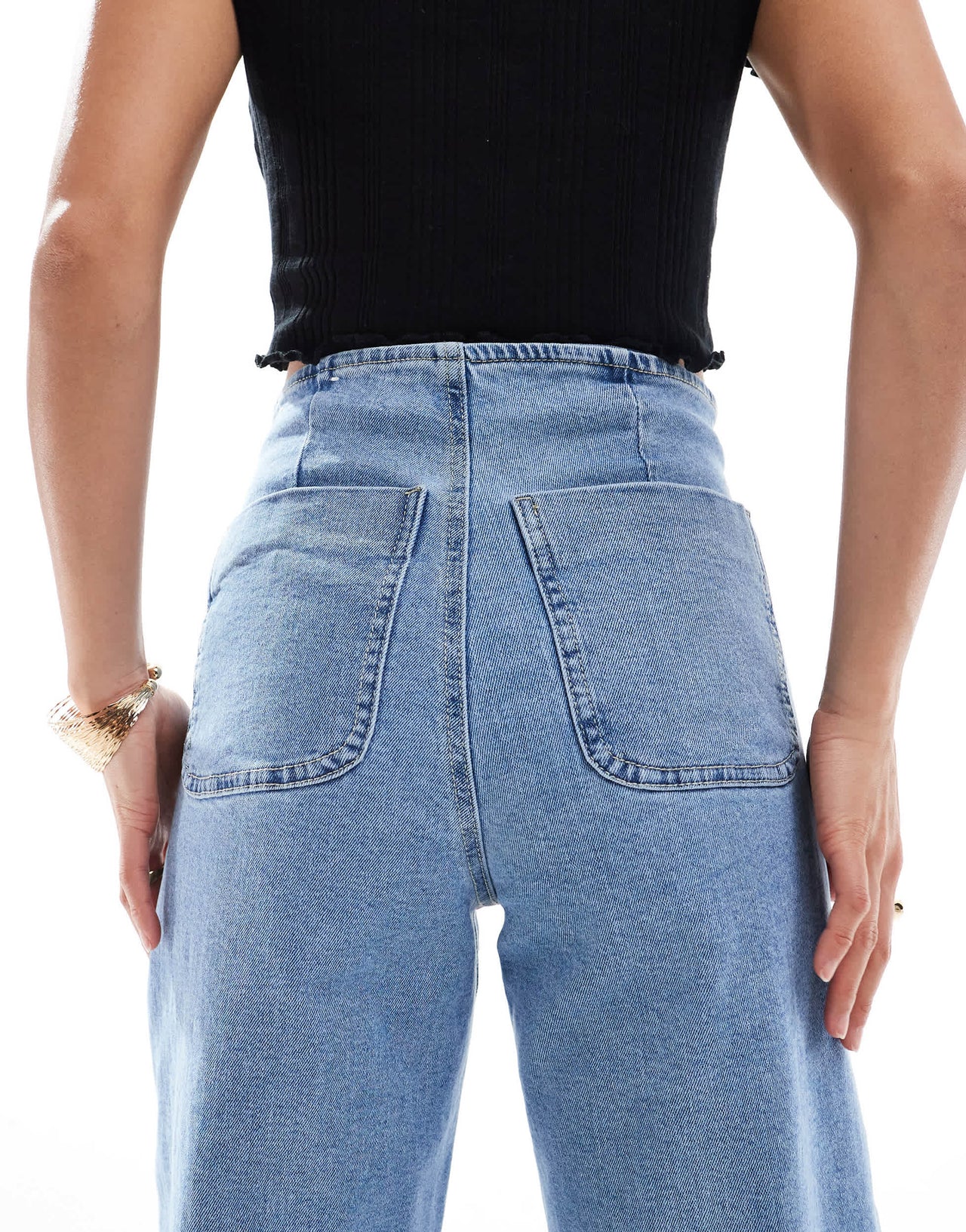 Stradivarius Petite D77 staight leg jean with button detail in mid wash