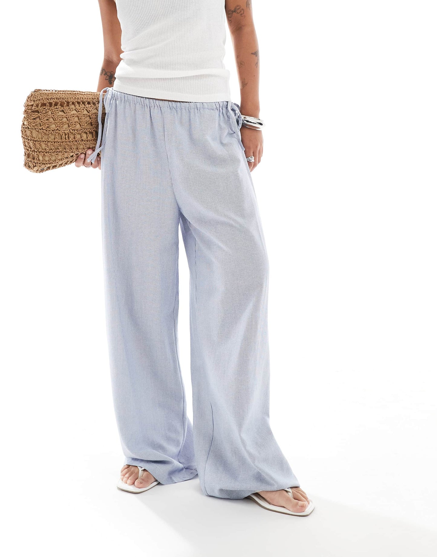 ONLY Petite wide leg tie detail trousers in blue stripes