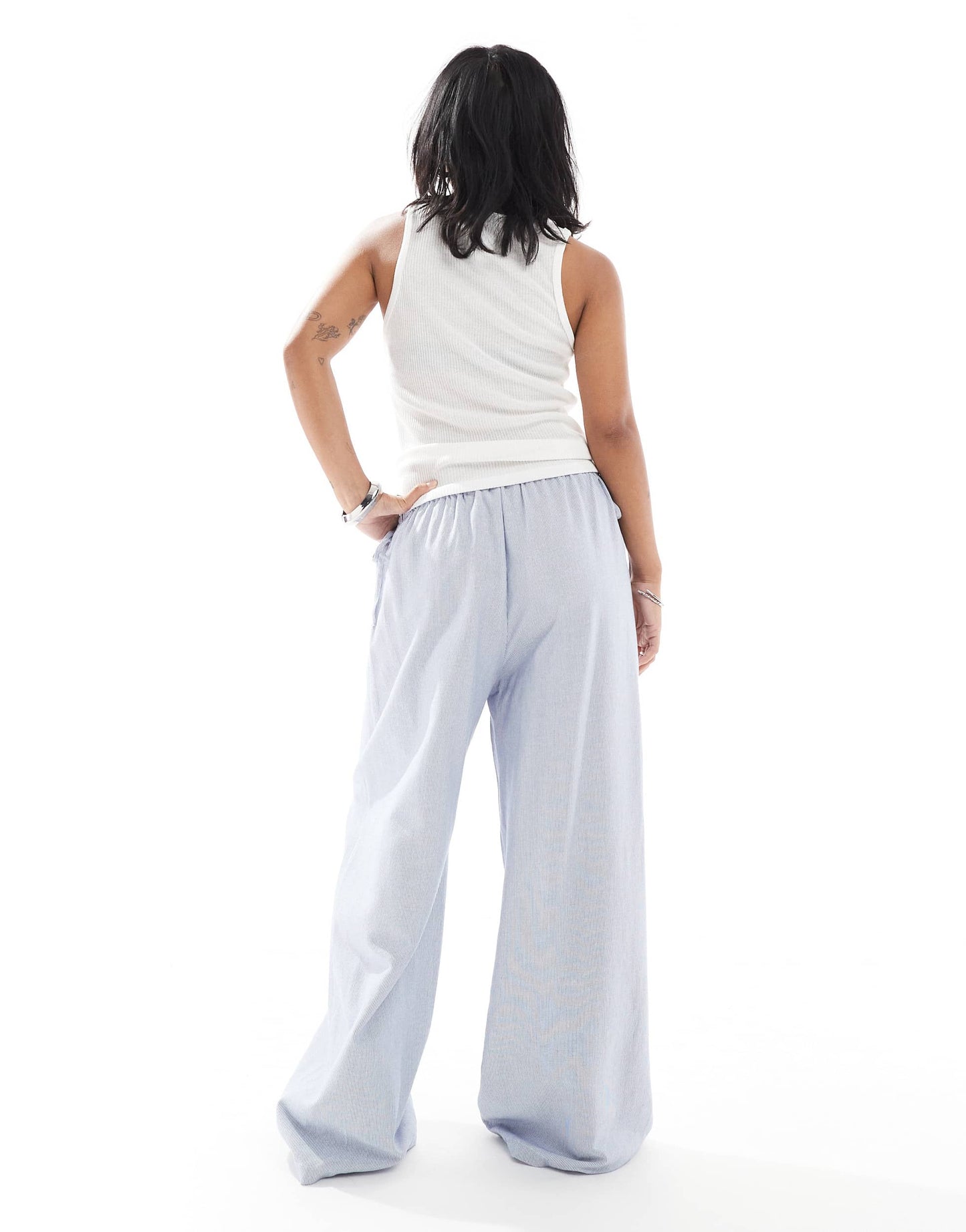 ONLY Petite wide leg tie detail trousers in blue stripes