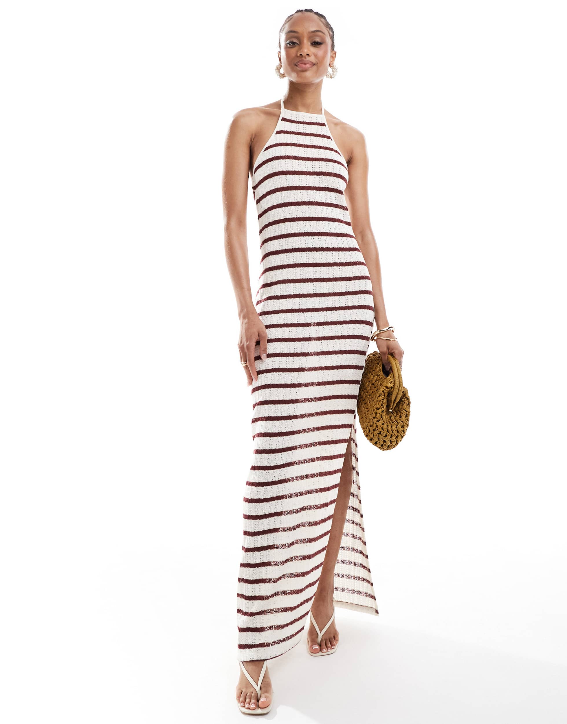 ONLY Tall open knit maxi dress with contrast trim in red stripes