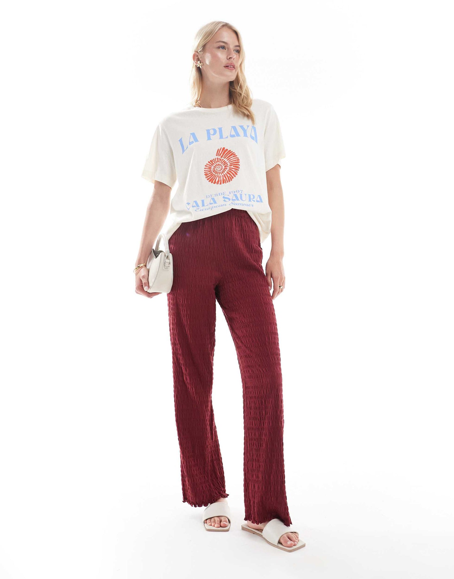 ONLY Tall relaxed fit shirred trousers in burgundy