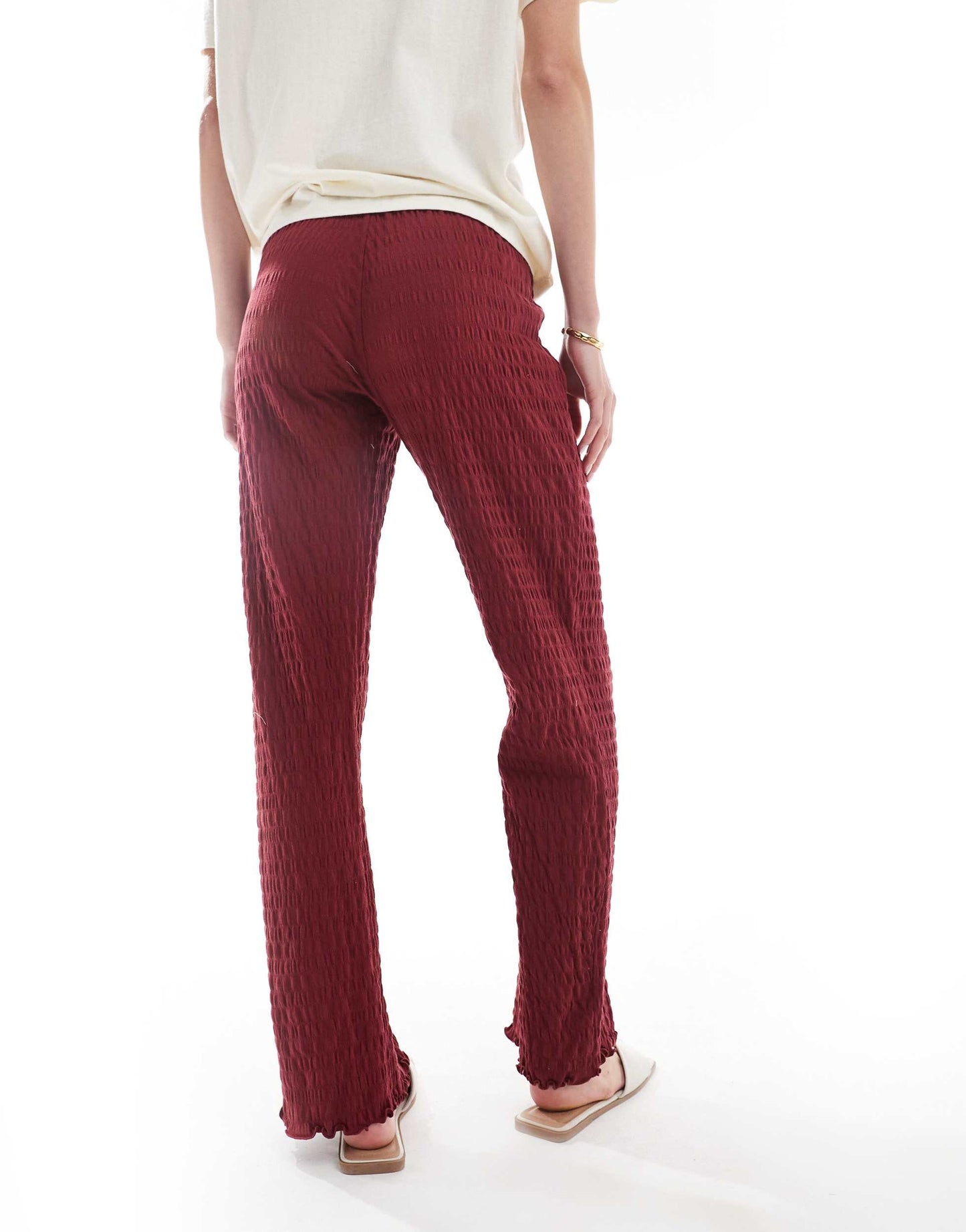 ONLY Tall relaxed fit shirred trousers in burgundy