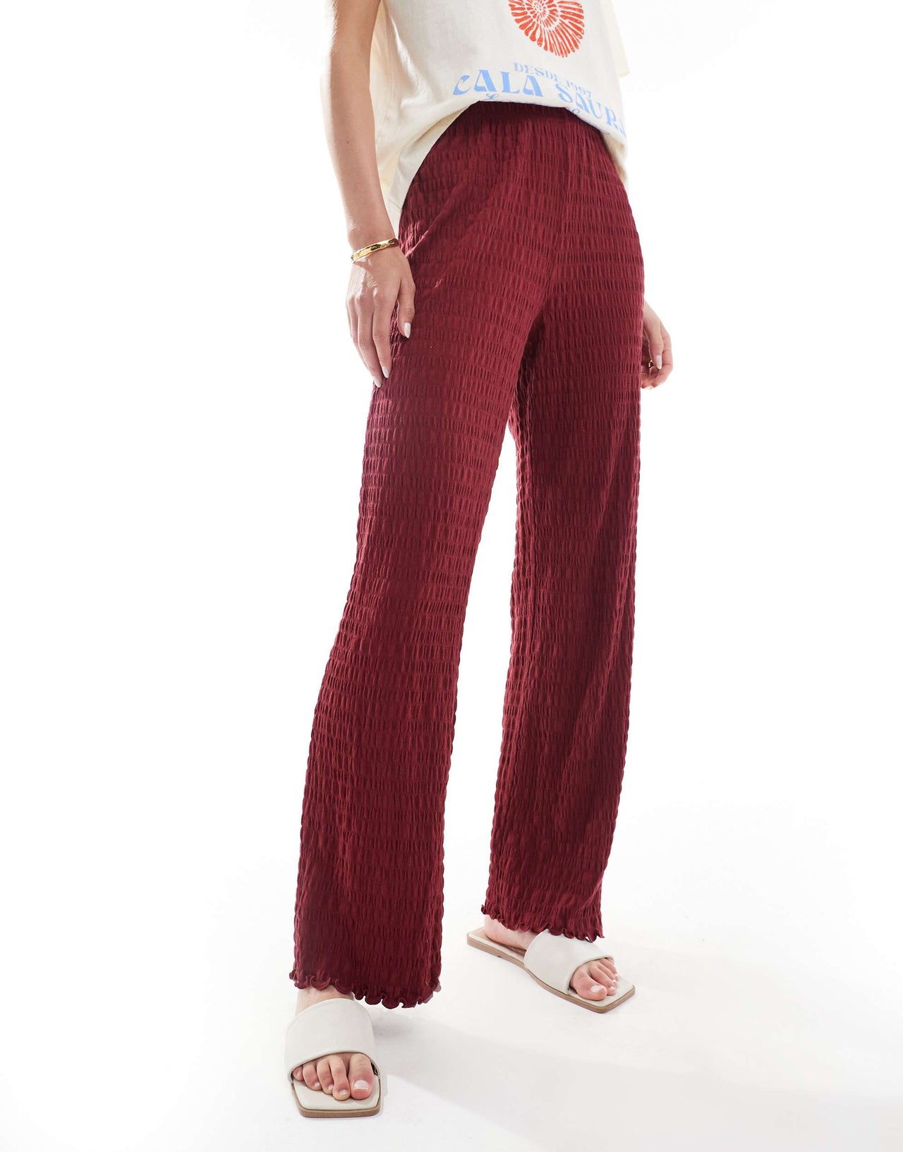 ONLY Tall relaxed fit shirred trousers in burgundy