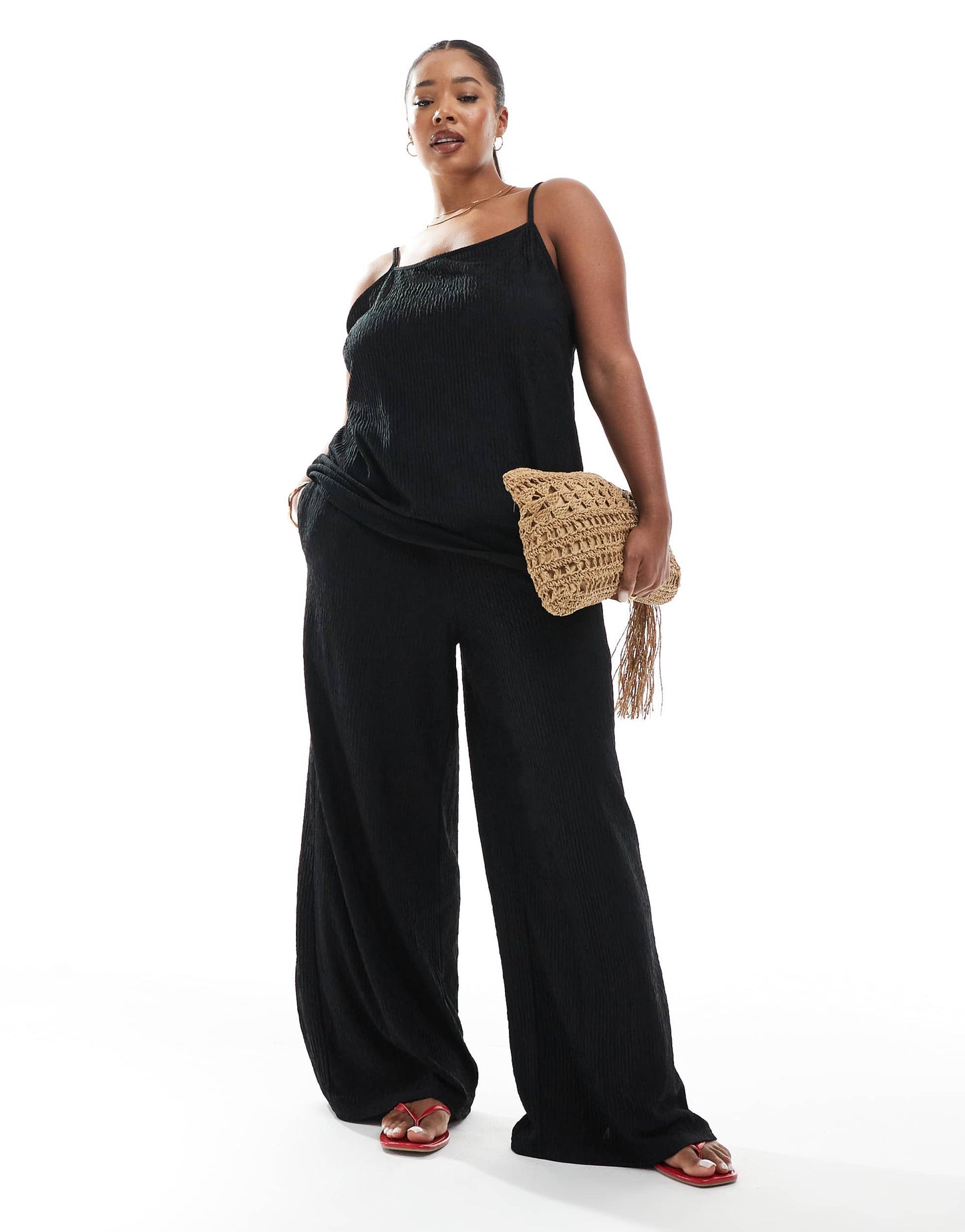 ONLY Curve textured wide leg trousers co-ord in black