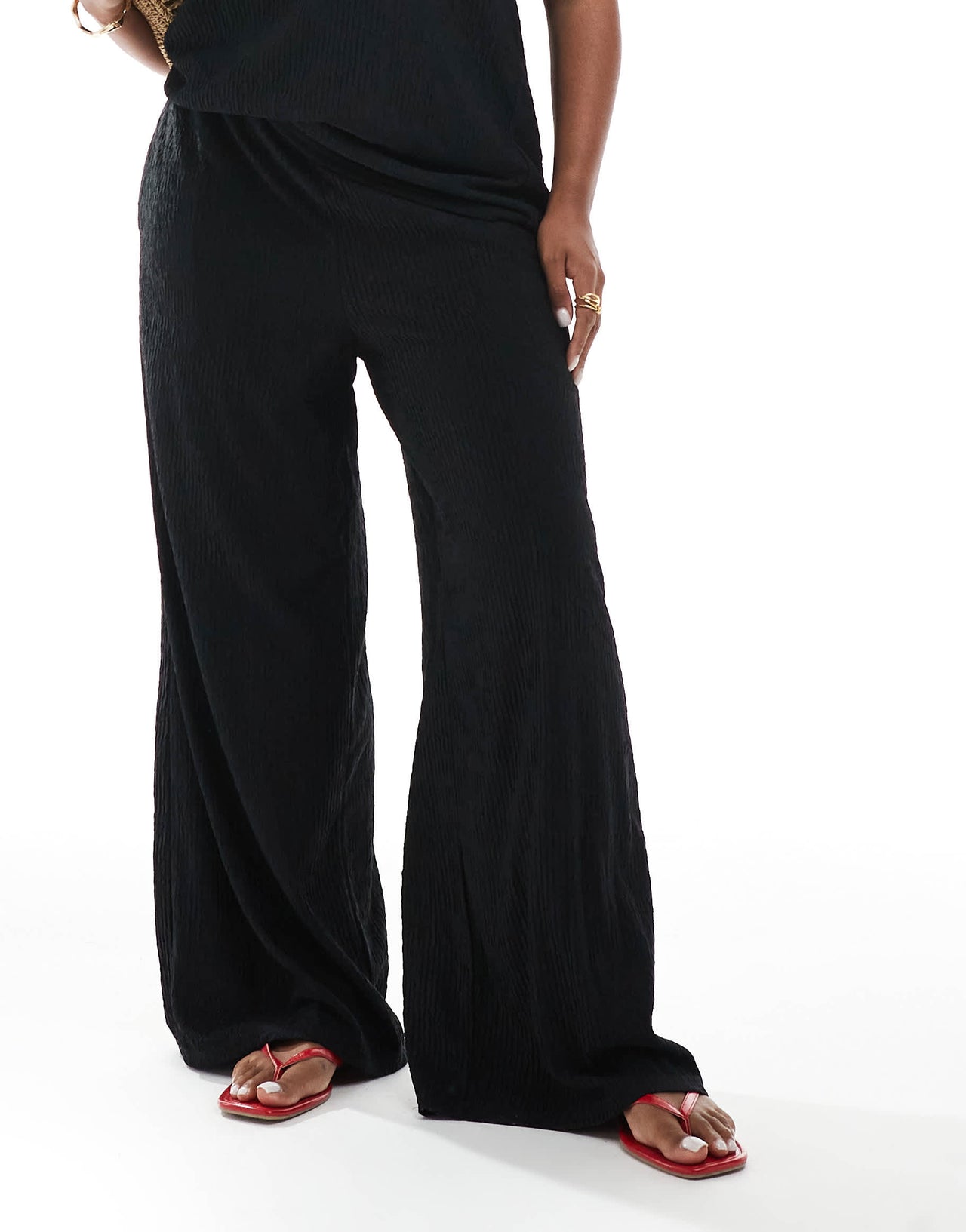 ONLY Curve textured wide leg trousers co-ord in black