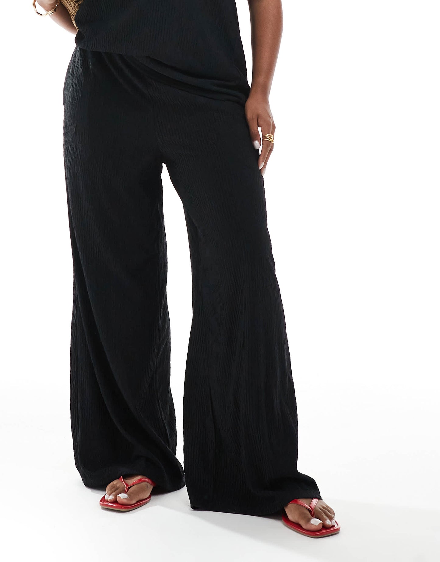 ONLY Curve textured wide leg trousers co-ord in black