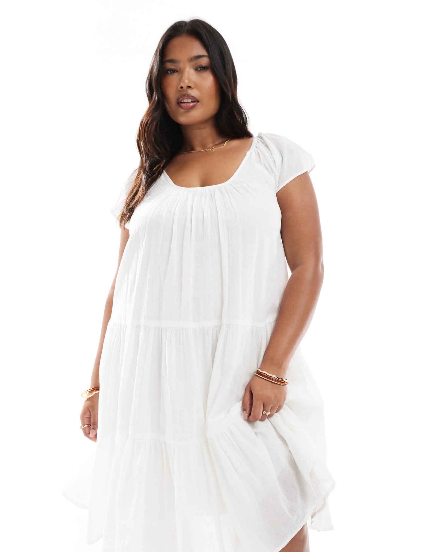 ONLY Curve scoop neck tiered boho midi dress in white