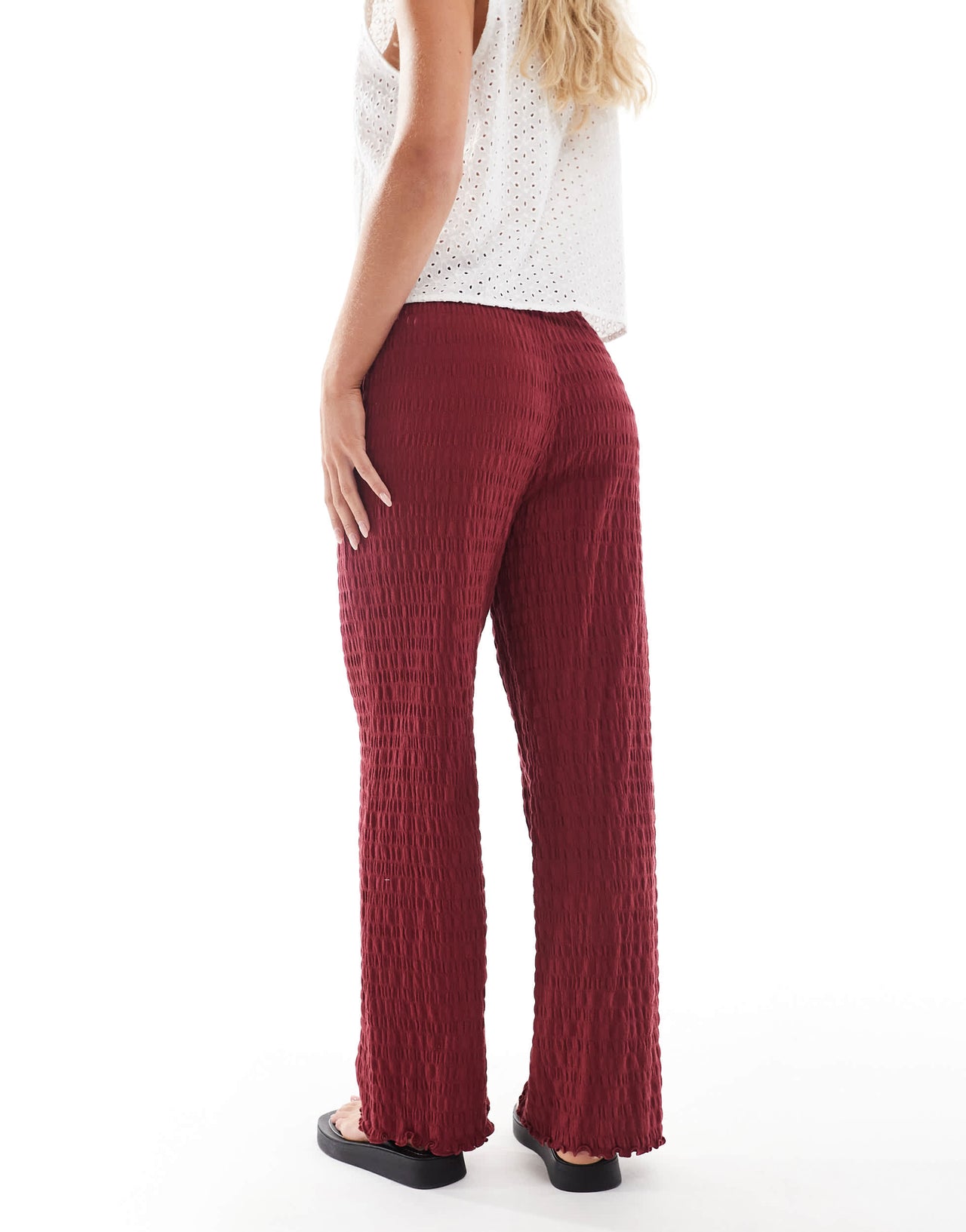 ONLY Petite relaxed fit shirred trousers in burgundy
