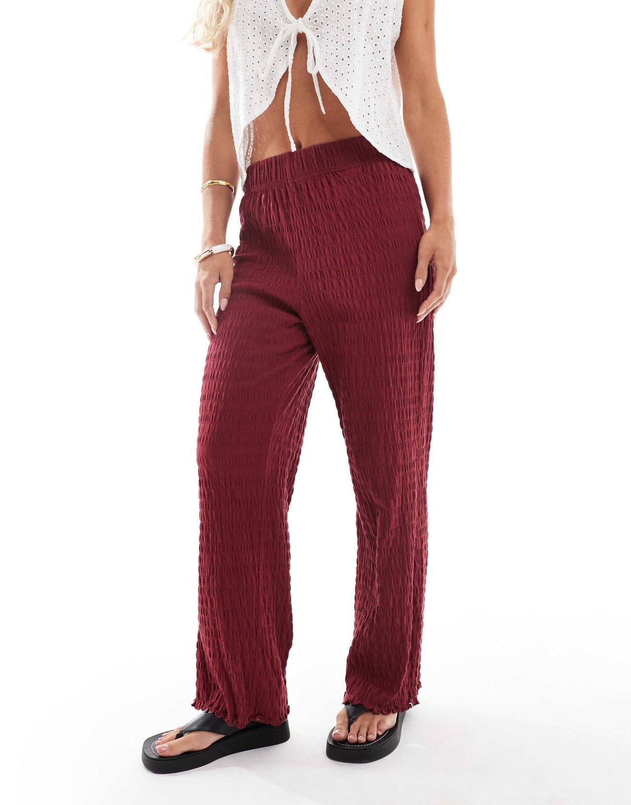 ONLY Petite relaxed fit shirred trousers in burgundy