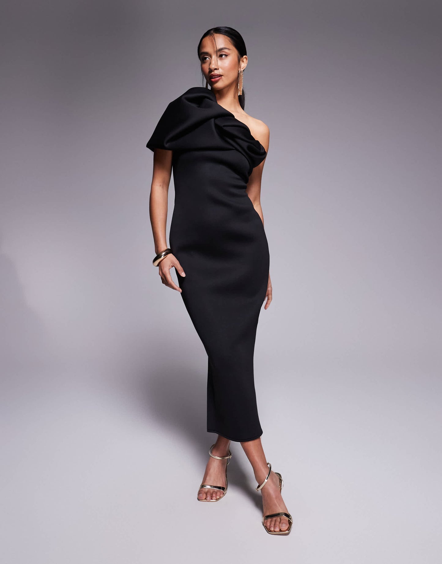 ASOS DESIGN Petite  structured puff sleeve bandeau midi dress in black in scuba-style fabric