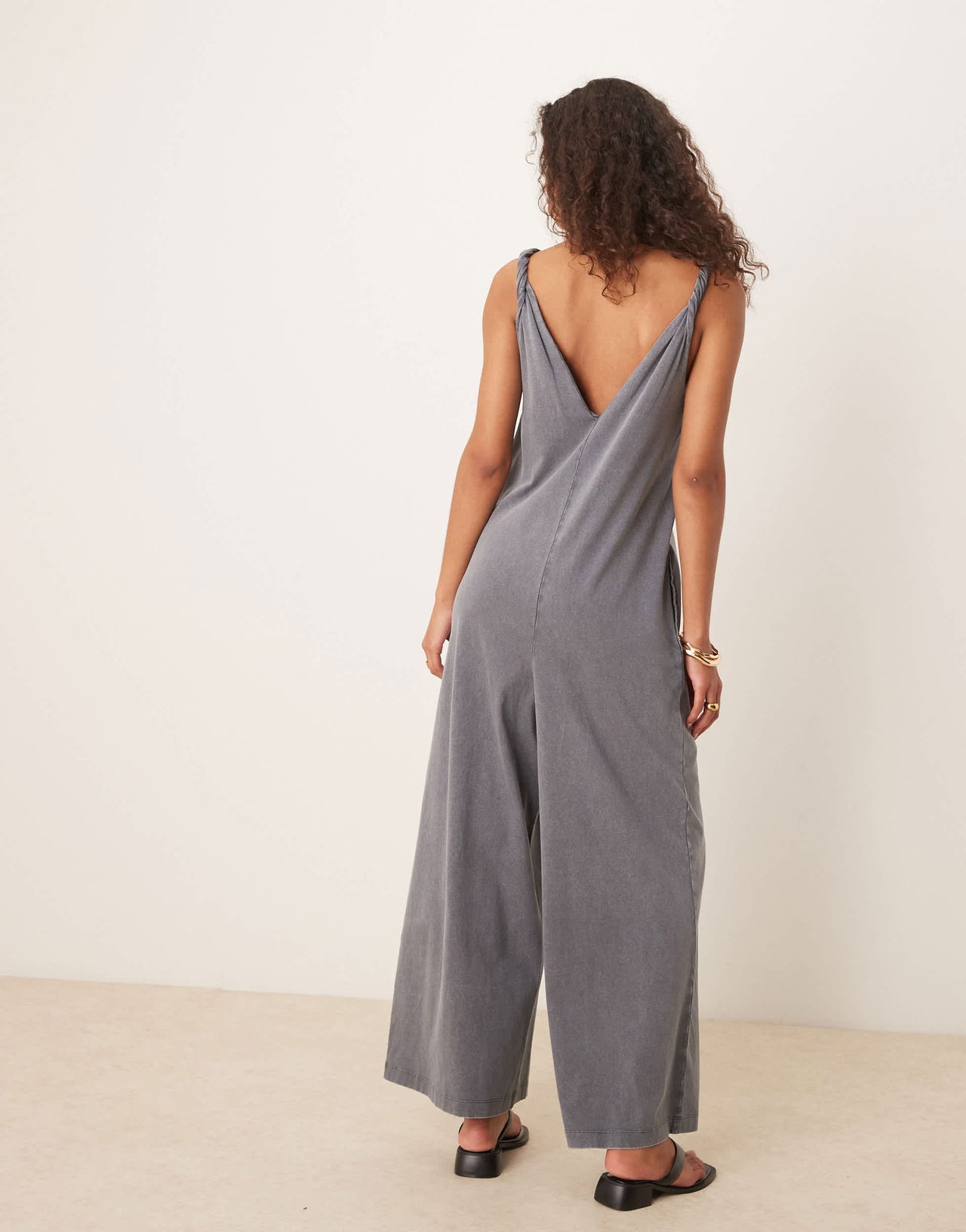 ASOS DESIGN Twist shoulder jumpsuit in washed grey