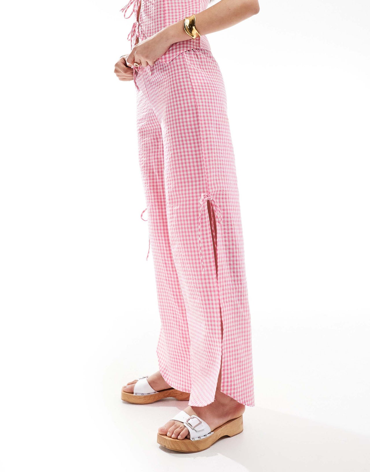Esmee Exclusive tie side beach trouser in pink gingham
