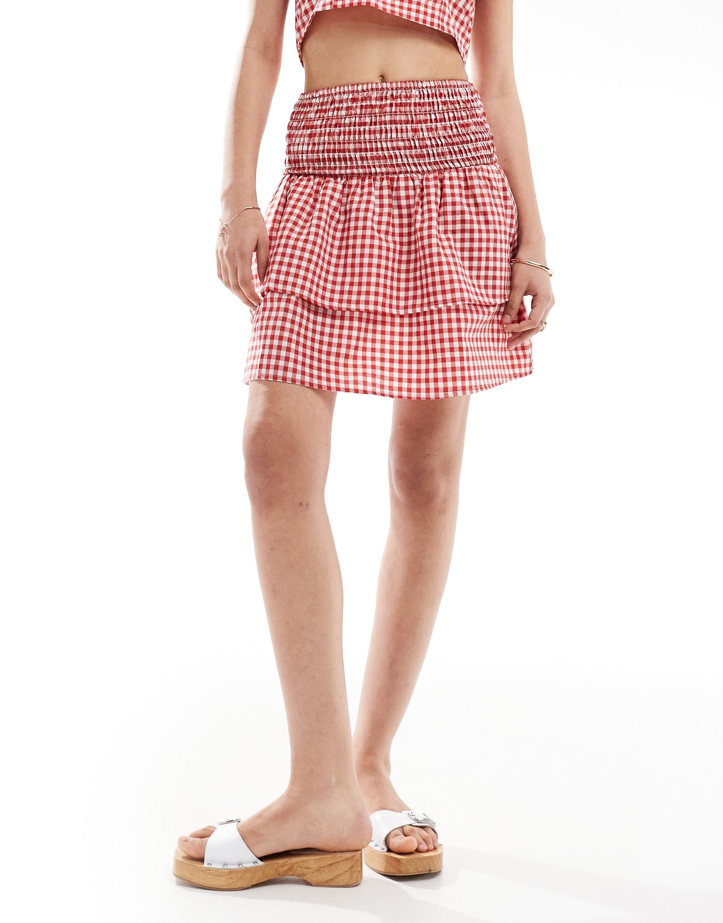 Esmee Exclusive tiered mini beach skirt in red gingham