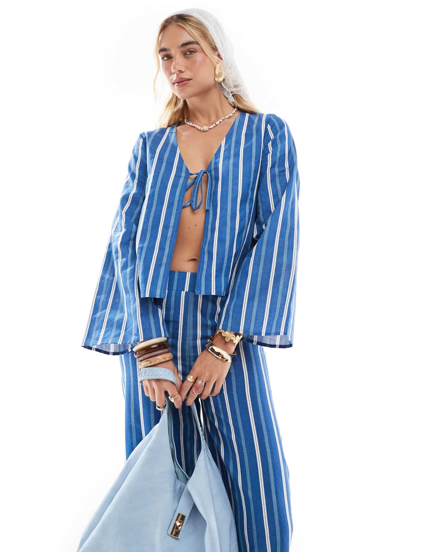 Esmee Exclusive tie front beach top with angel sleeve in blue stripe