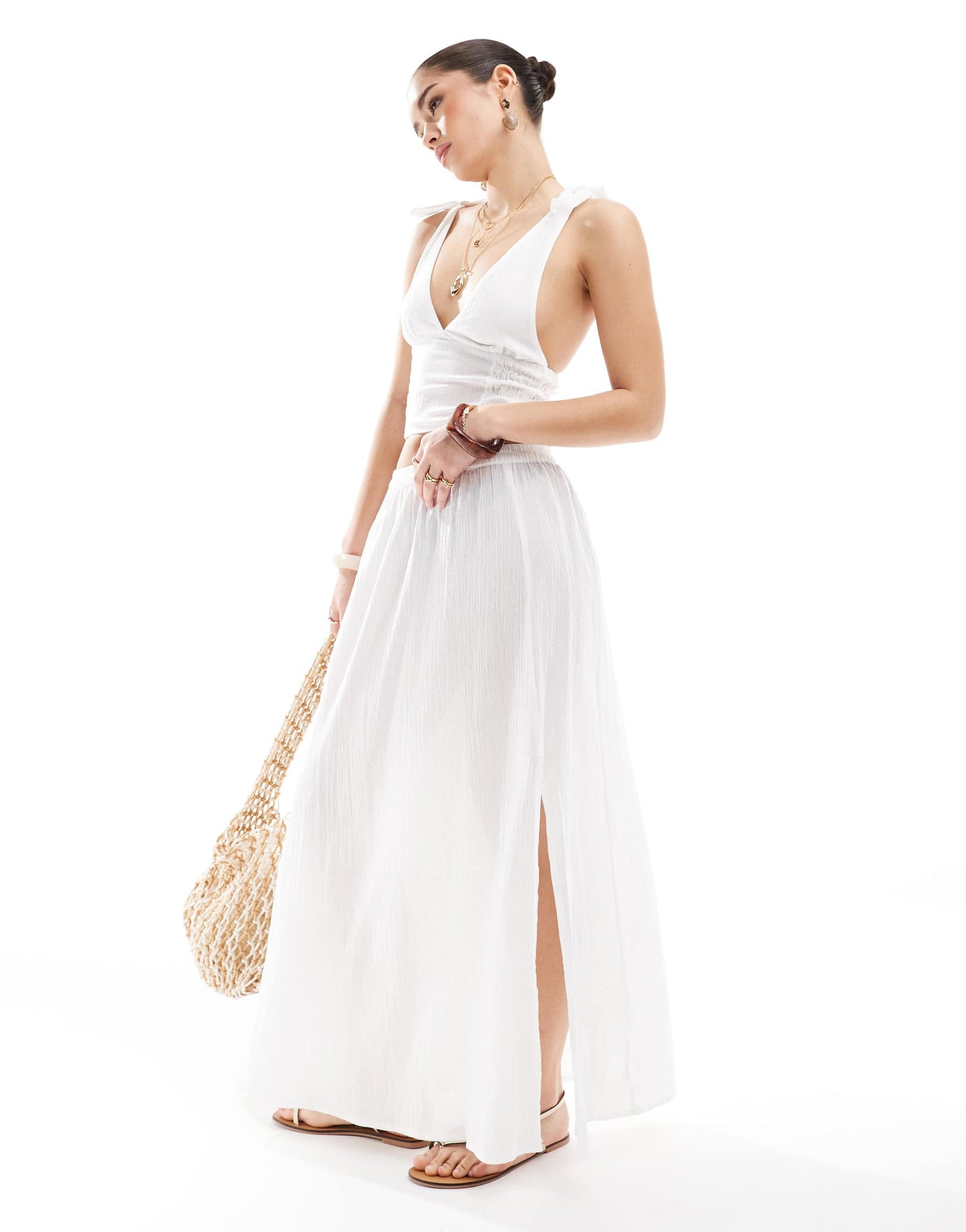 Esmee Exclusive shirred hem maxi beach skirt in white
