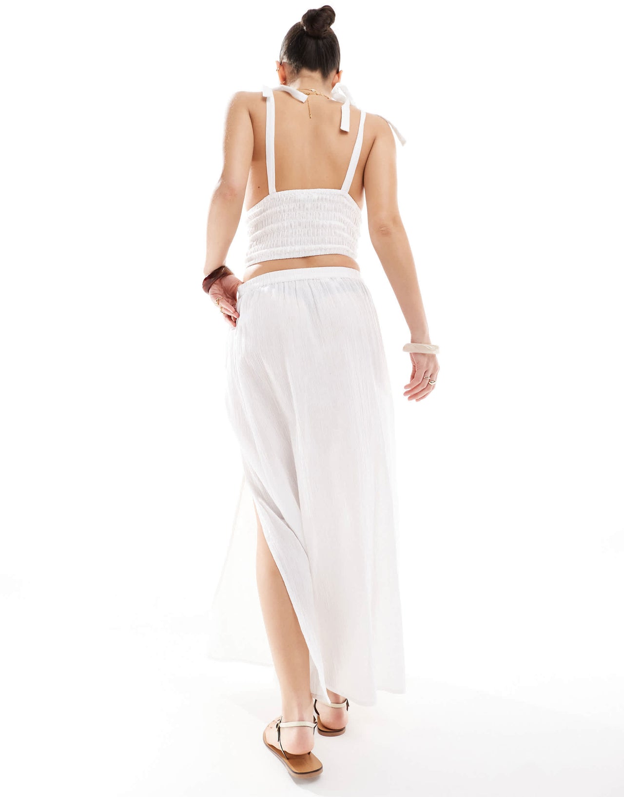 Esmee Exclusive shirred hem maxi beach skirt in white