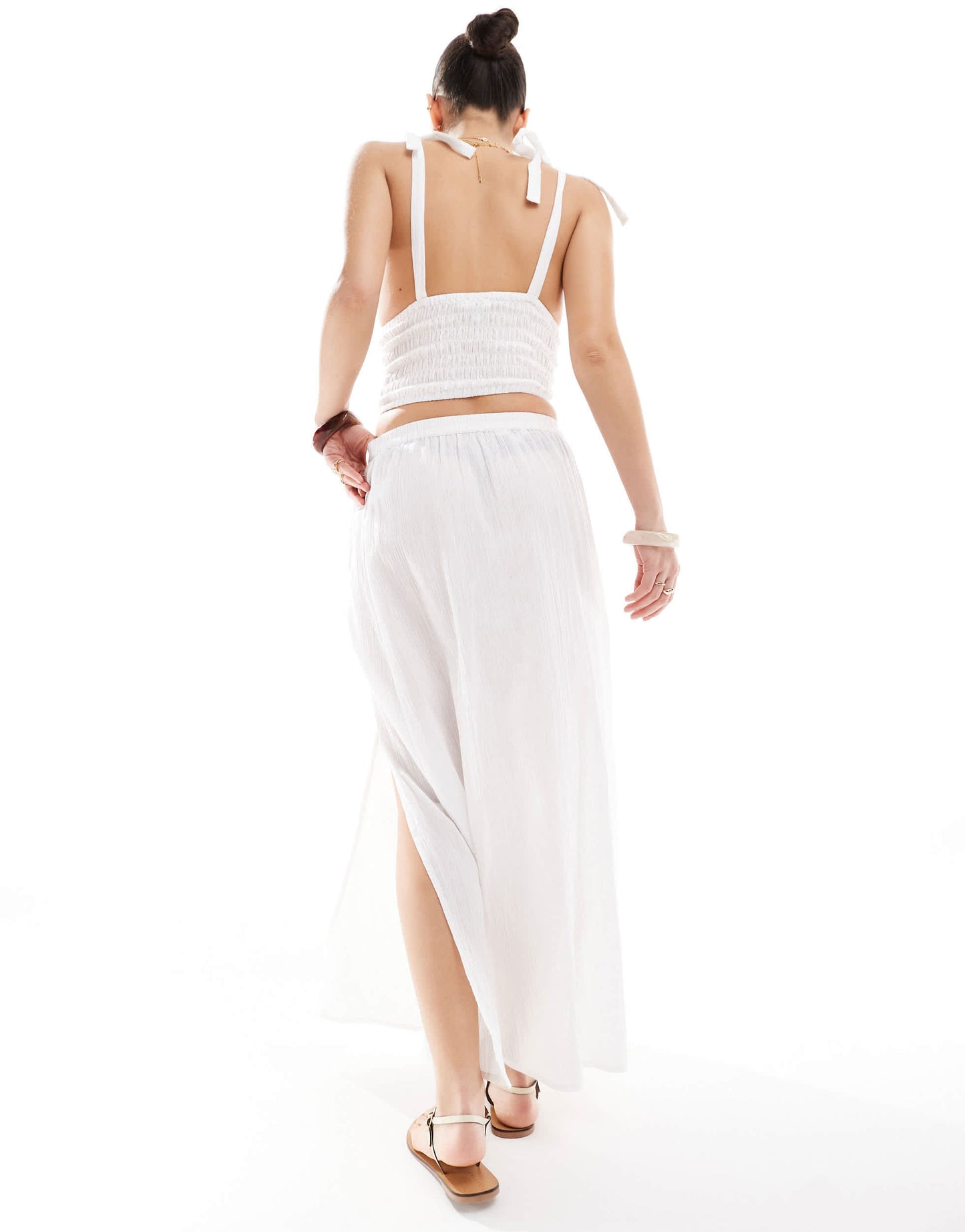 Esmee Exclusive shirred hem maxi beach skirt in white