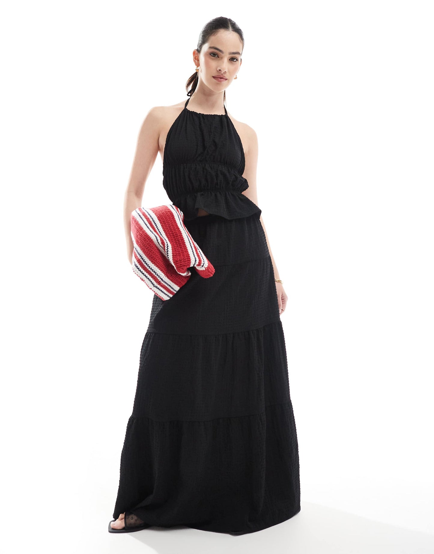 Esmee Exclusive sheer open back halter neck beach top co-ord in textured black