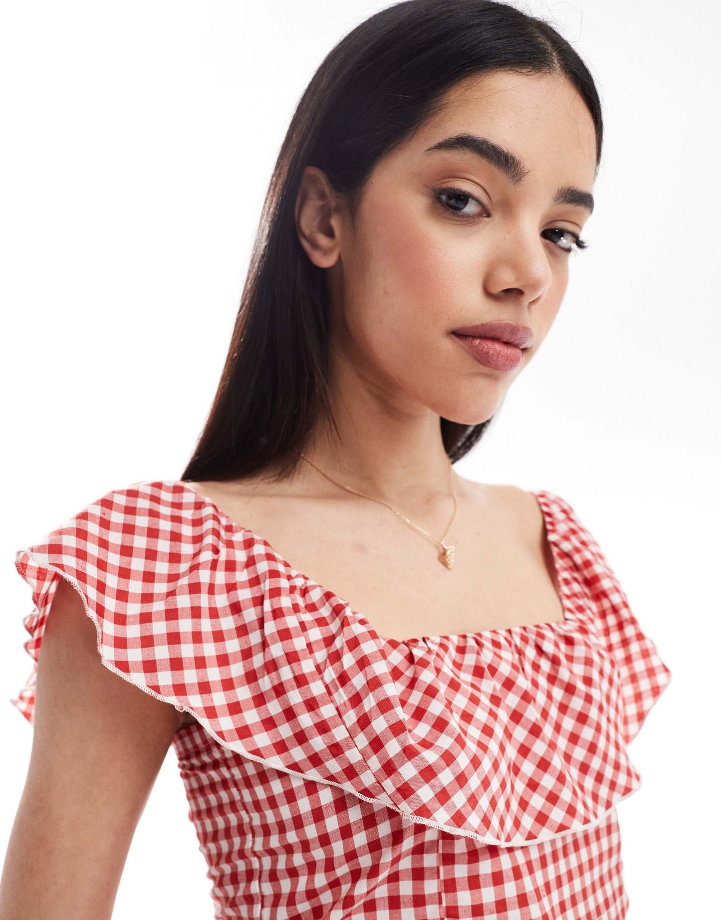 Esmee Exclusive crop beach top with frill detail in red gingham