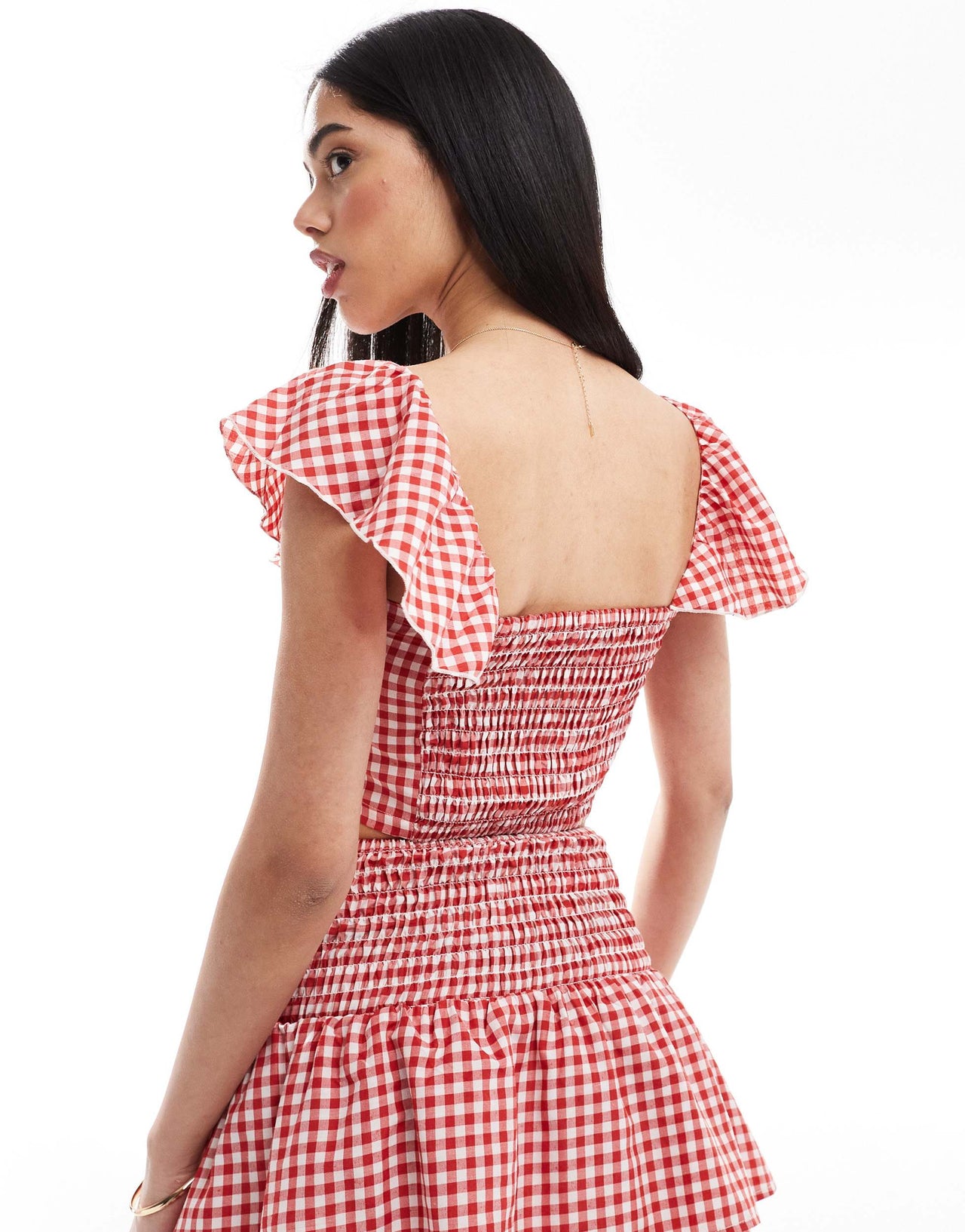 Esmee Exclusive crop beach top with frill detail in red gingham