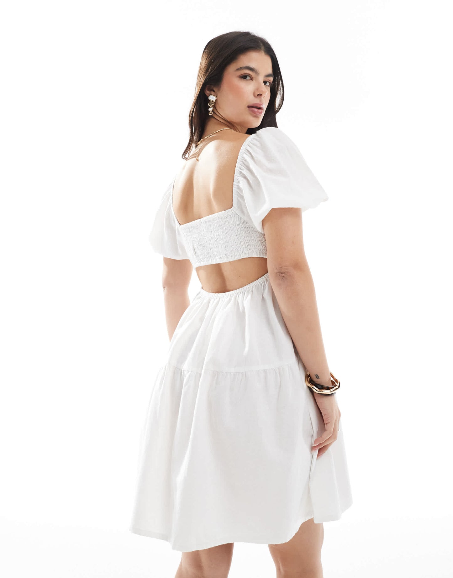 Esmee Exclusive cut out mini puff sleeve beach dress in white