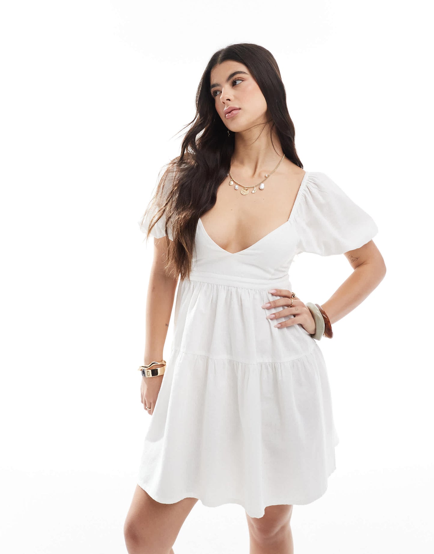 Esmee Exclusive cut out mini puff sleeve beach dress in white