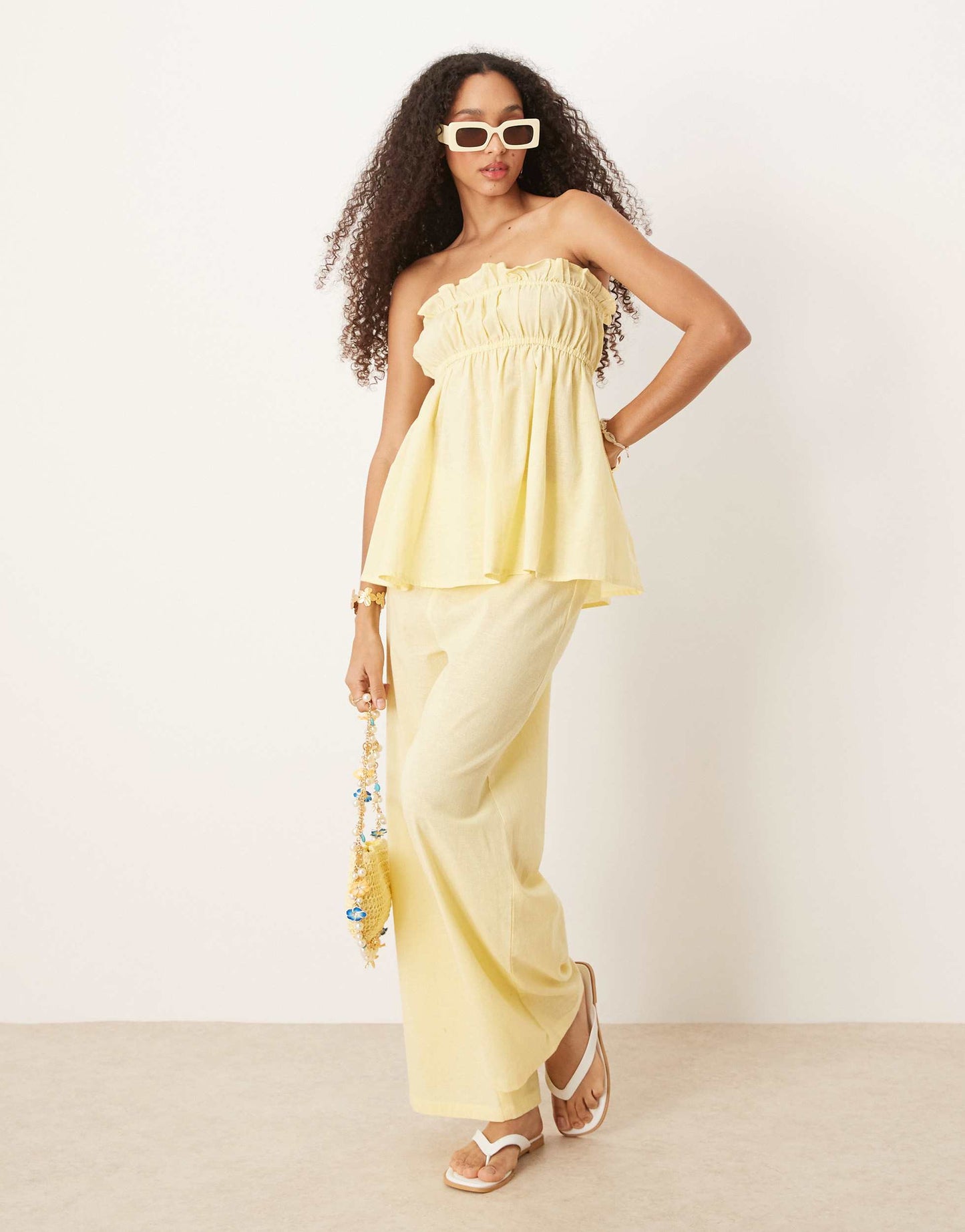 Esmee Exclusive relaxed leg linen look trousers in butter yellow