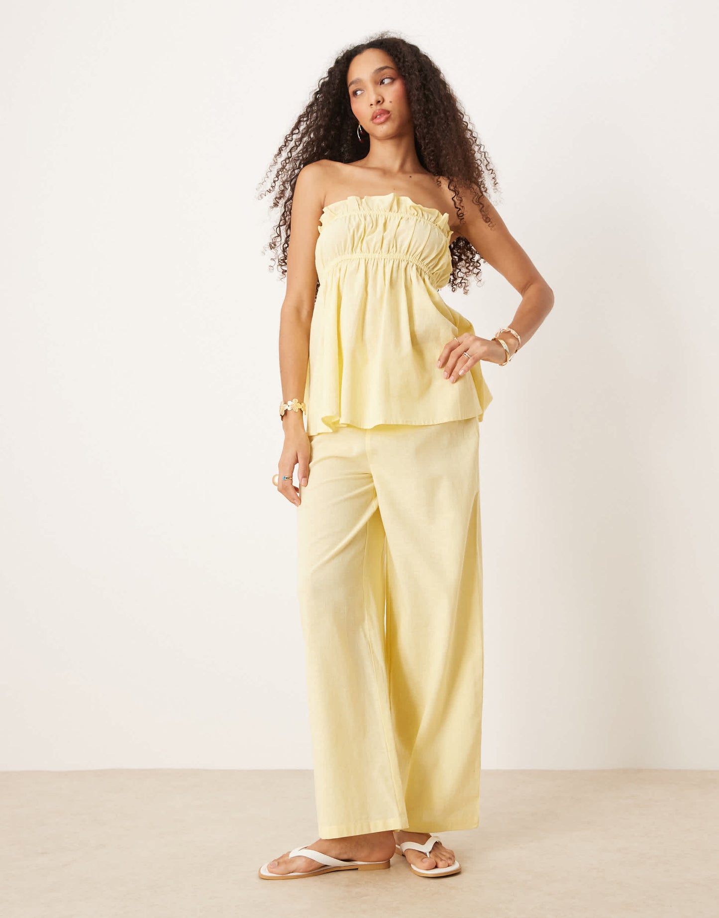Esmee Exclusive relaxed leg linen look trousers in butter yellow